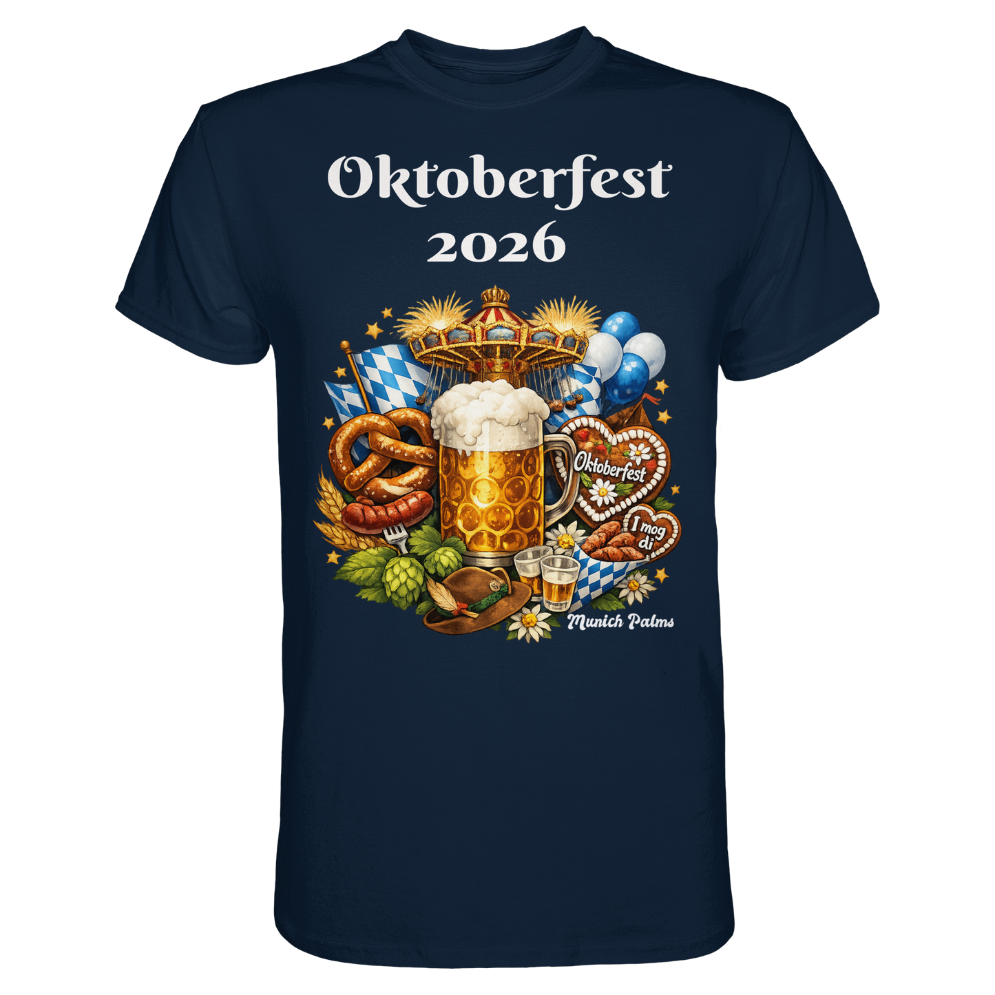Unisex-Oktoberfest 2026 München Design Premium-Shirt in Navy, vorne sichtbar, modernes Trachten-Design, bequem und stylisch