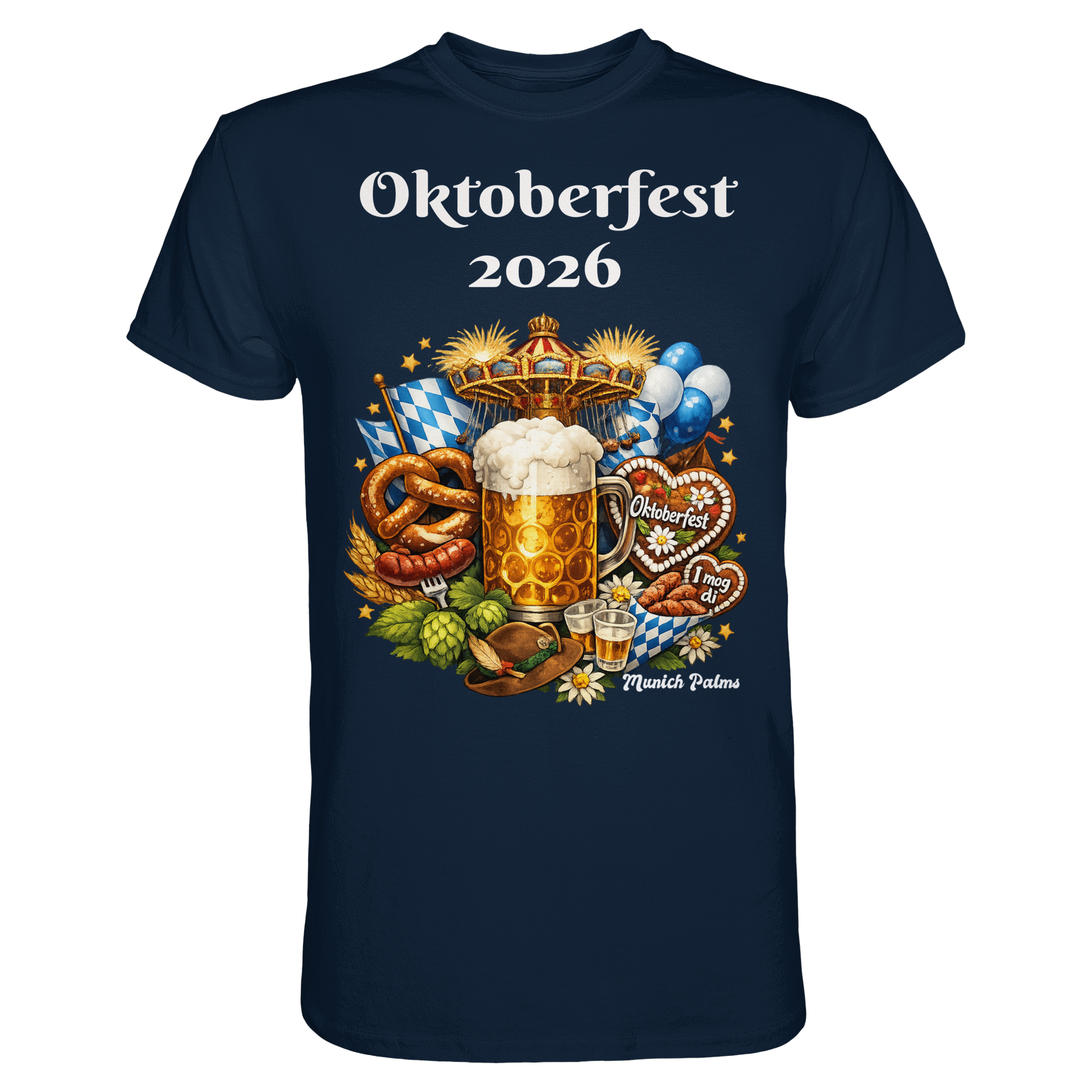 Unisex-Oktoberfest 2026 München Design Premium-Shirt in Navy, vorne sichtbar, modernes Trachten-Design, bequem und stylisch