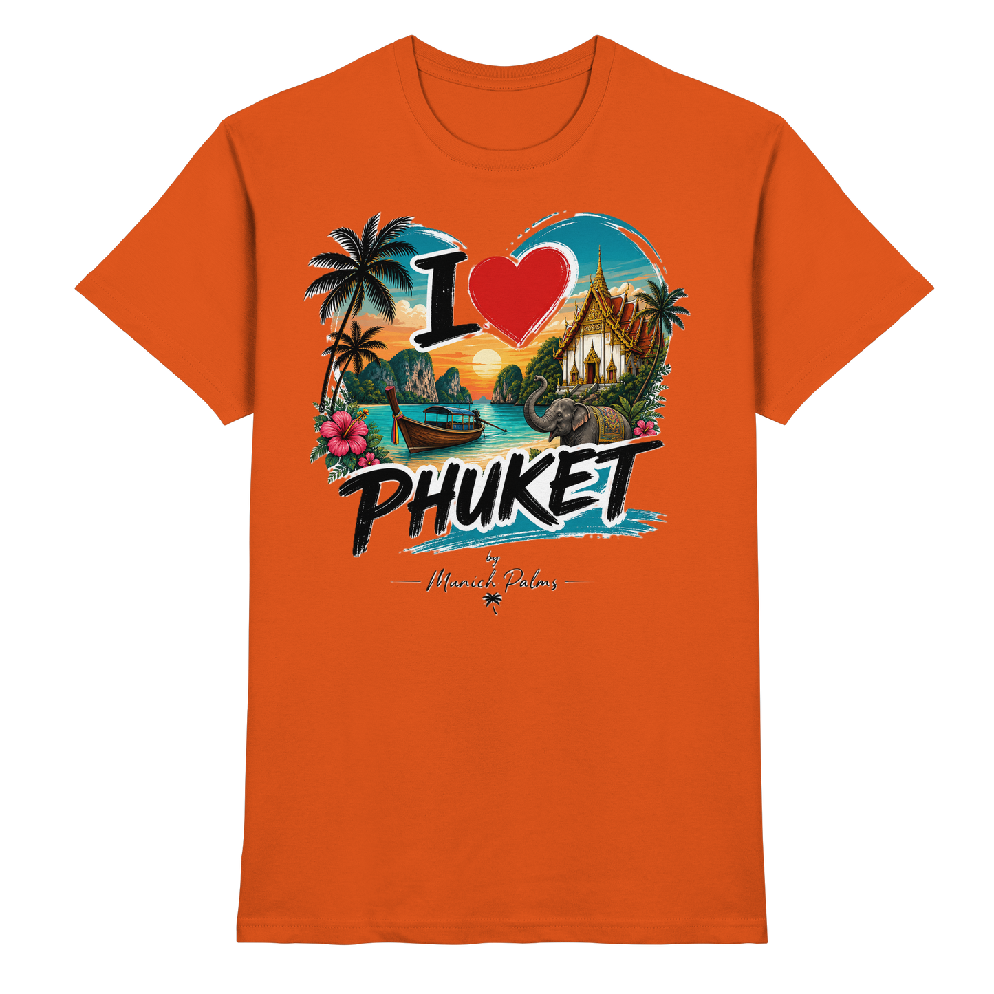 Unisex-Shirt "I love Phuket" in Orange, Premium Qualität, Vorderansicht, bequemes Design, von Online Kaufhaus München