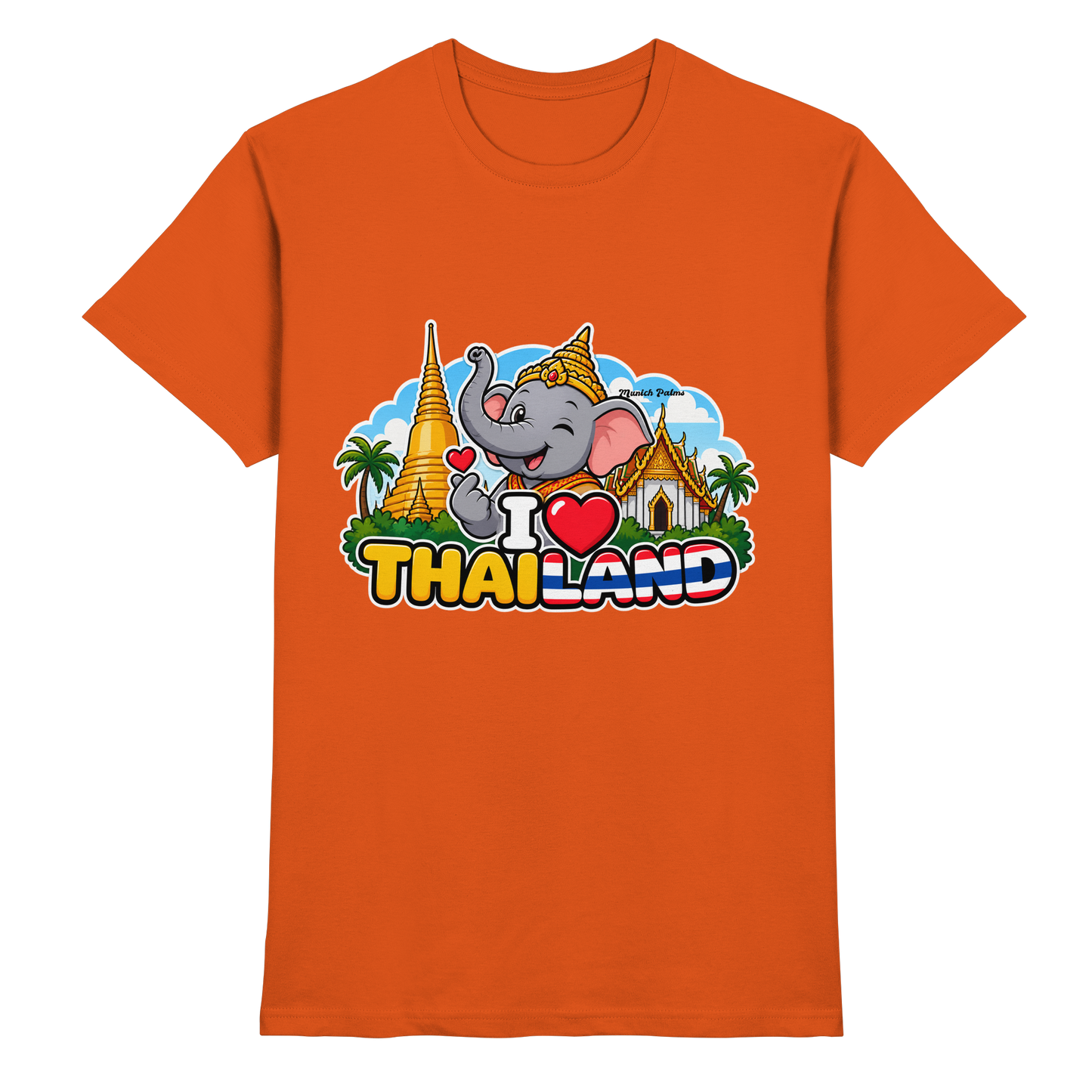 Unisex-Shirt "I Love Thailand" mit lachendem Elefanten im Munich Palms Design, orange, hochwertiges Premium-T-Shirt