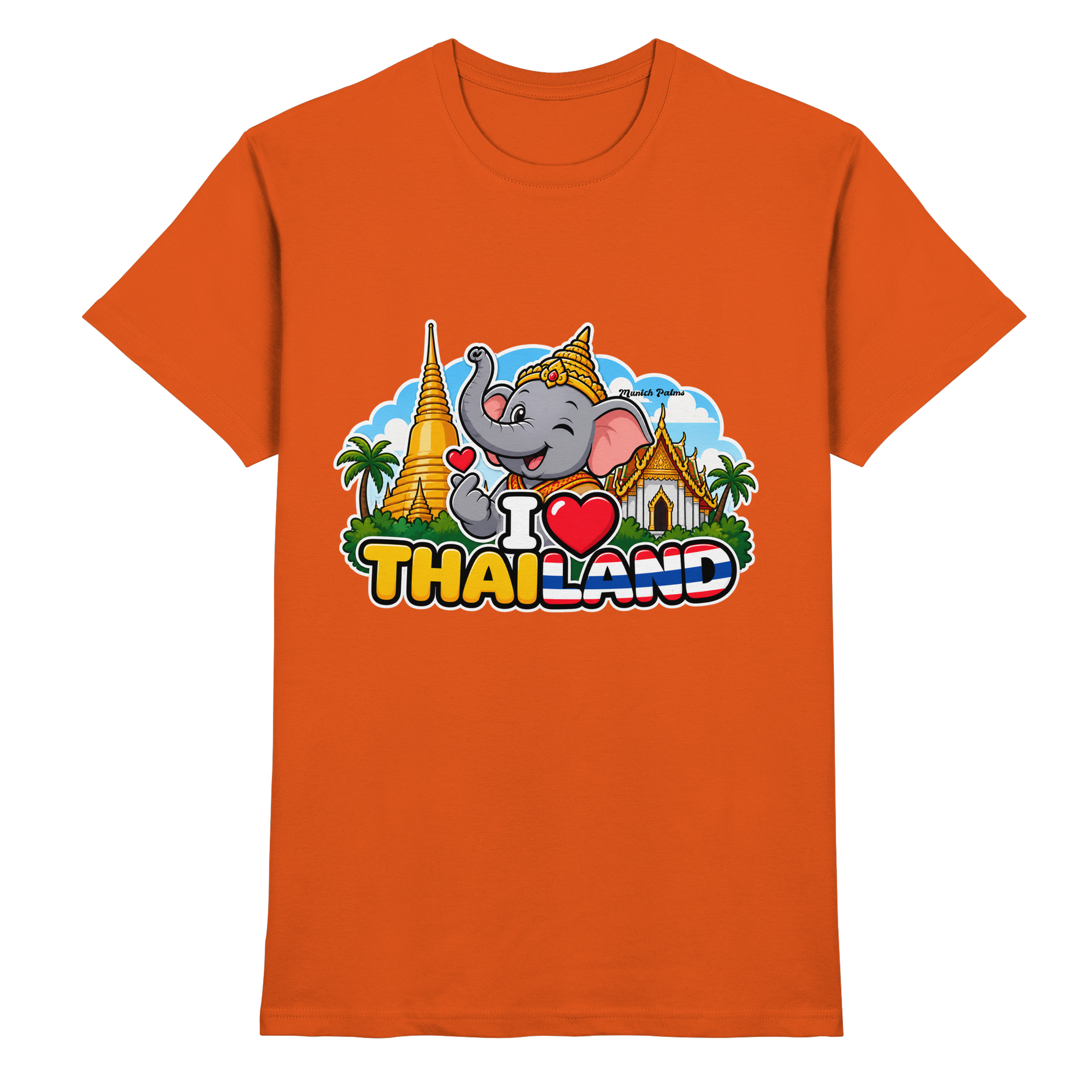 Unisex-Shirt "I Love Thailand" mit lachendem Elefanten im Munich Palms Design, orange, hochwertiges Premium-T-Shirt