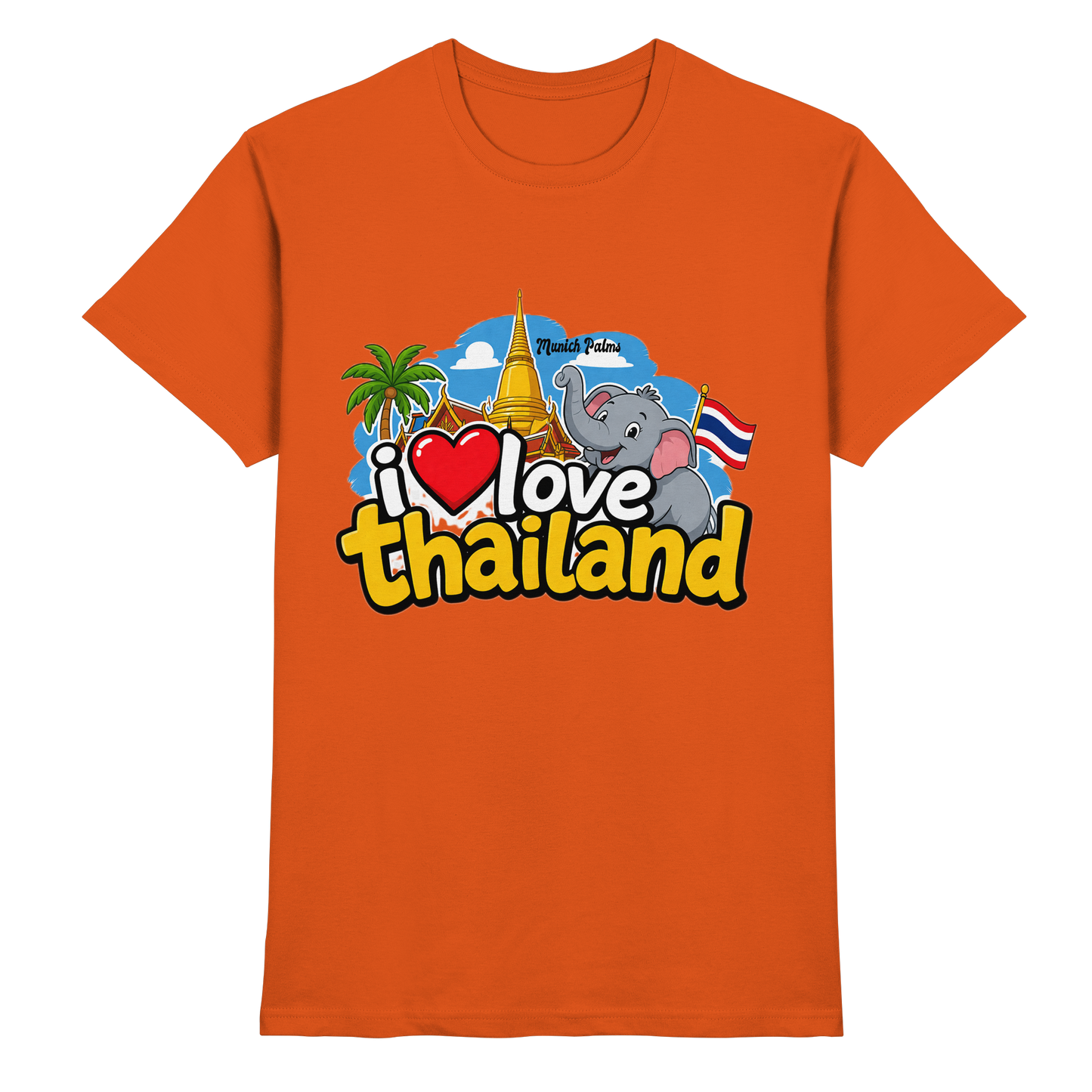 Unisex-Poloshirt in Orange mit "I love Thailand"-Aufdruck, hochwertiges Premium-Shirt von Online Kaufhaus München.