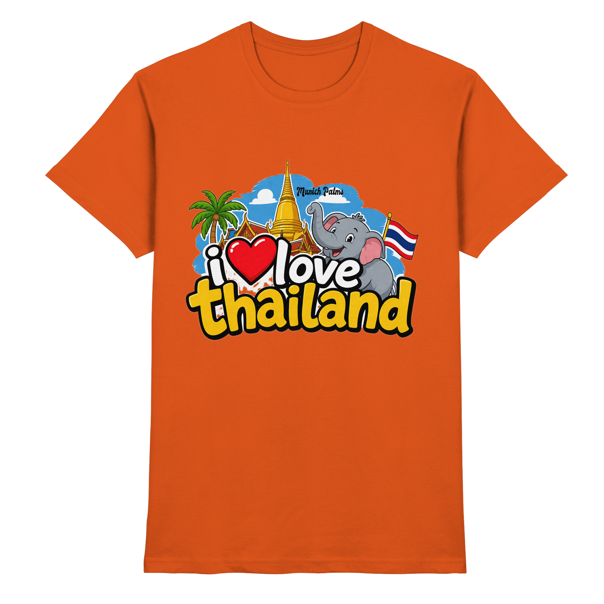 Unisex-Poloshirt in Orange mit "I love Thailand"-Aufdruck, hochwertiges Premium-Shirt von Online Kaufhaus München.