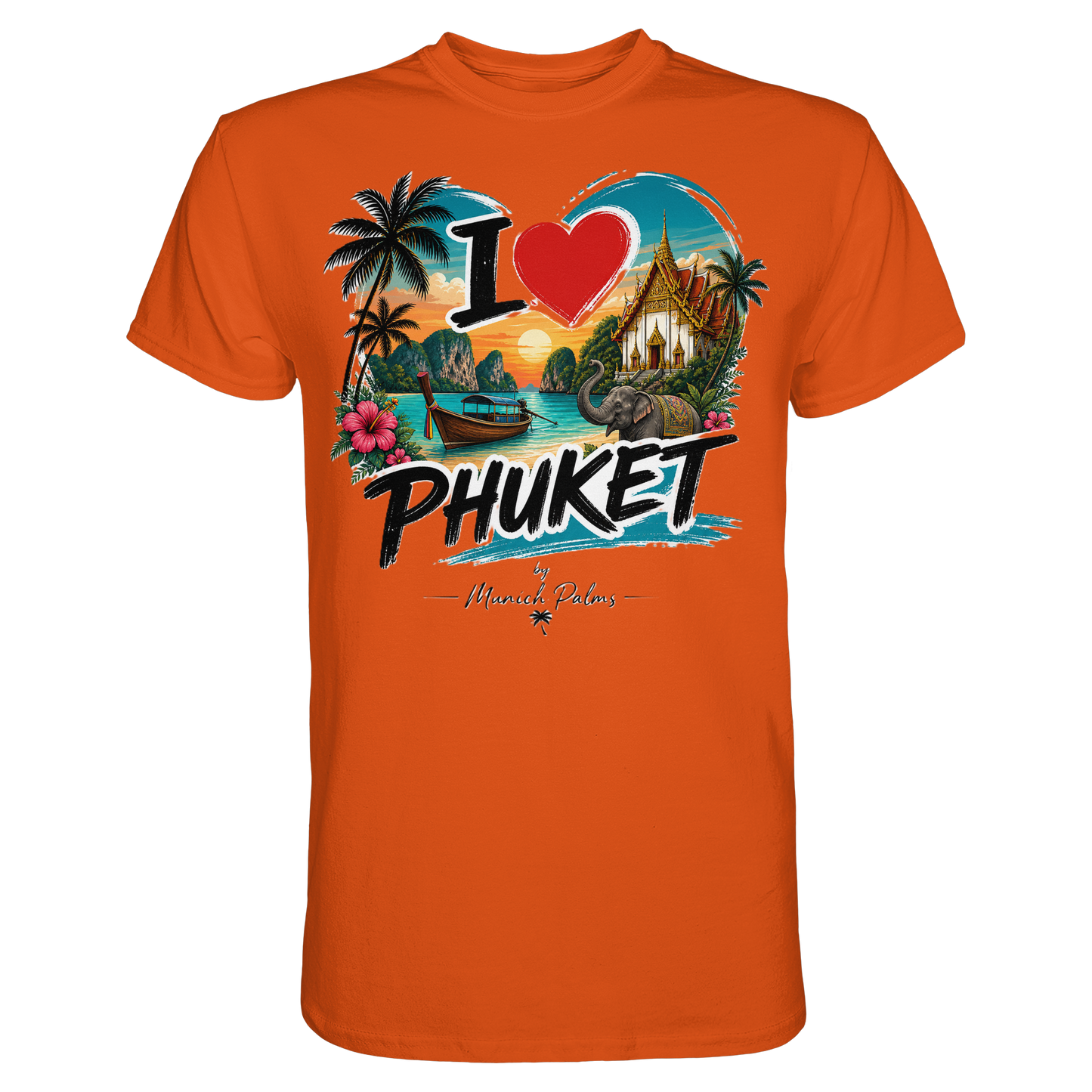 Unisex Premium-Shirt in Orange mit "I love Phuket" Druck, aus hochwertigem Stoff, vorneansicht, von Online Kaufhaus München