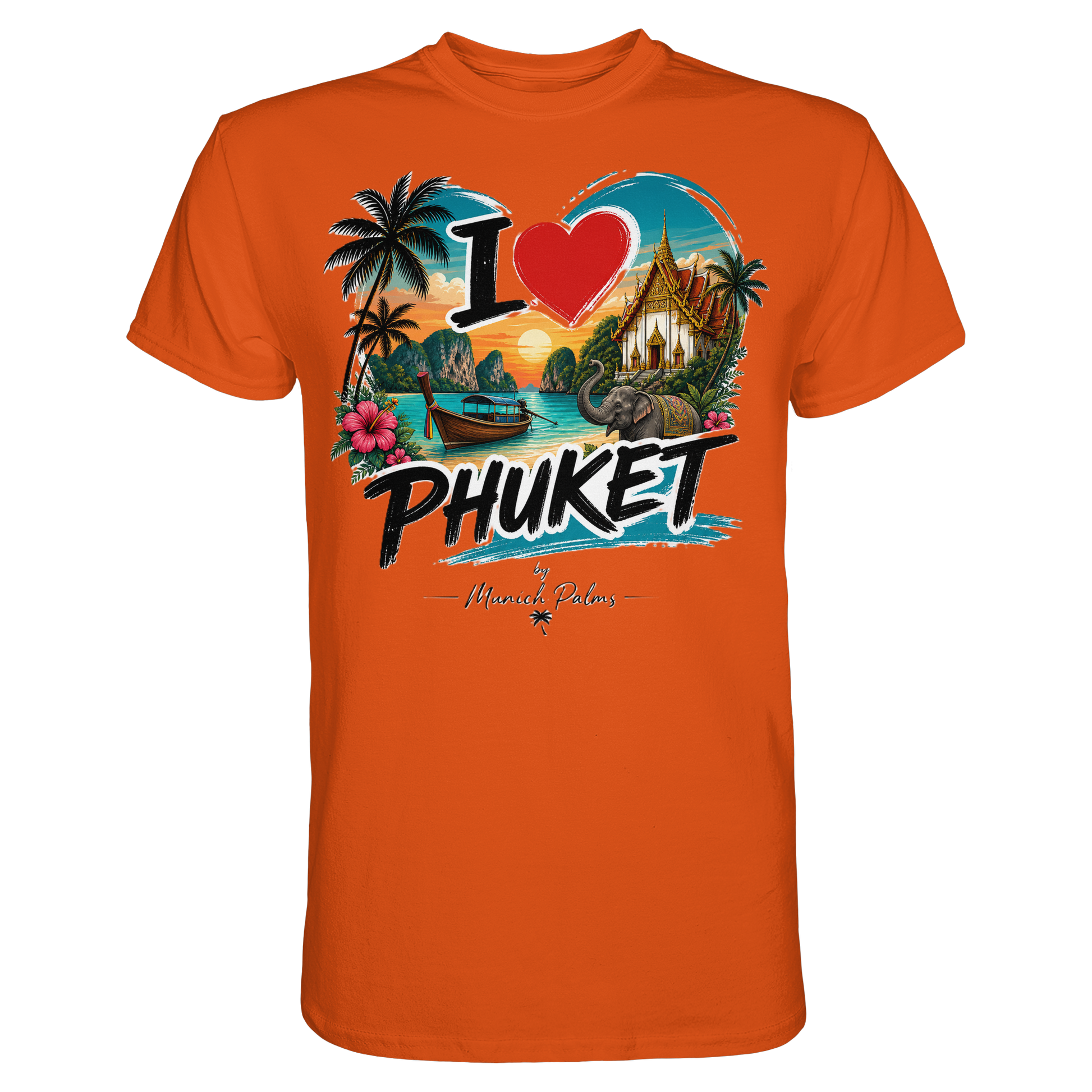 Unisex Premium-Shirt in Orange mit "I love Phuket" Druck, aus hochwertigem Stoff, vorneansicht, von Online Kaufhaus München