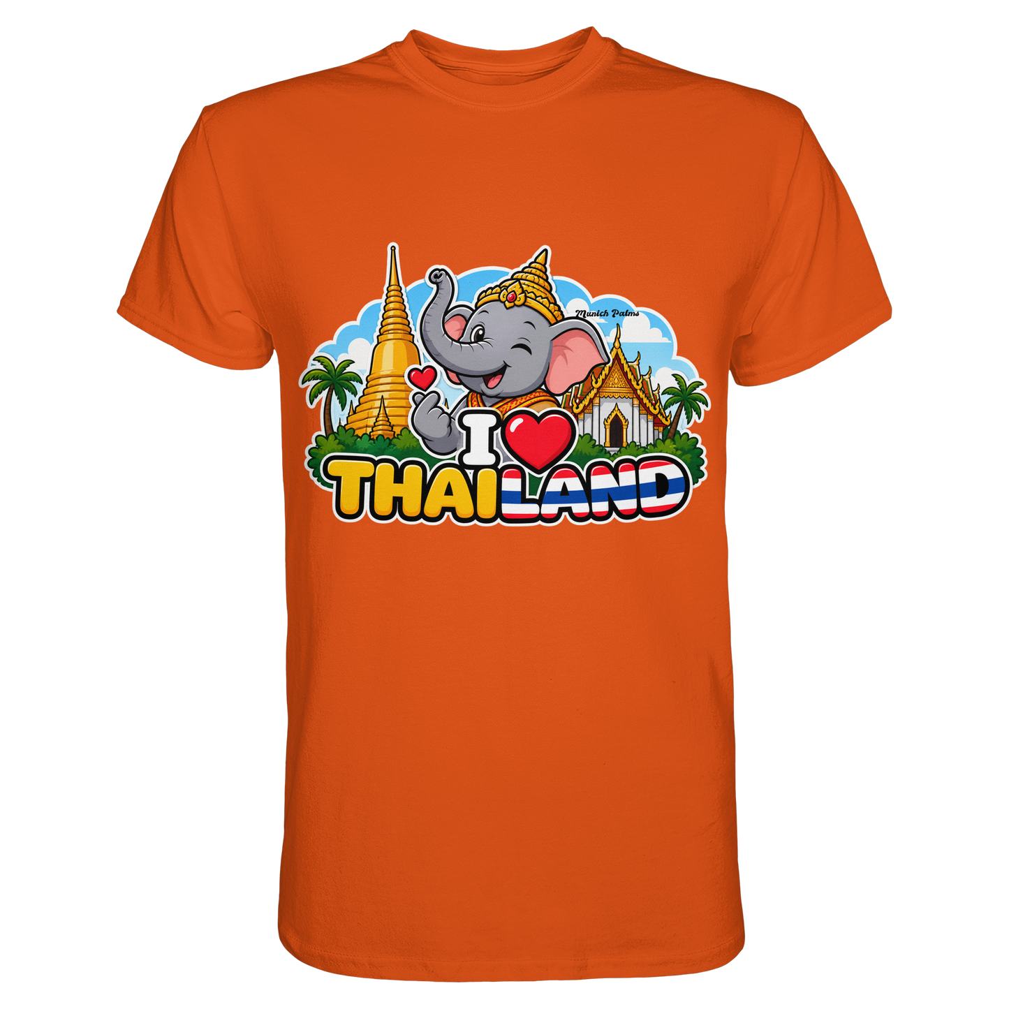 Unisex-Shirt „I Love Thailand“ mit lachendem Elefanten im Munich Palms Design, orangefarbenes Premium-Shirt, Frontansicht
