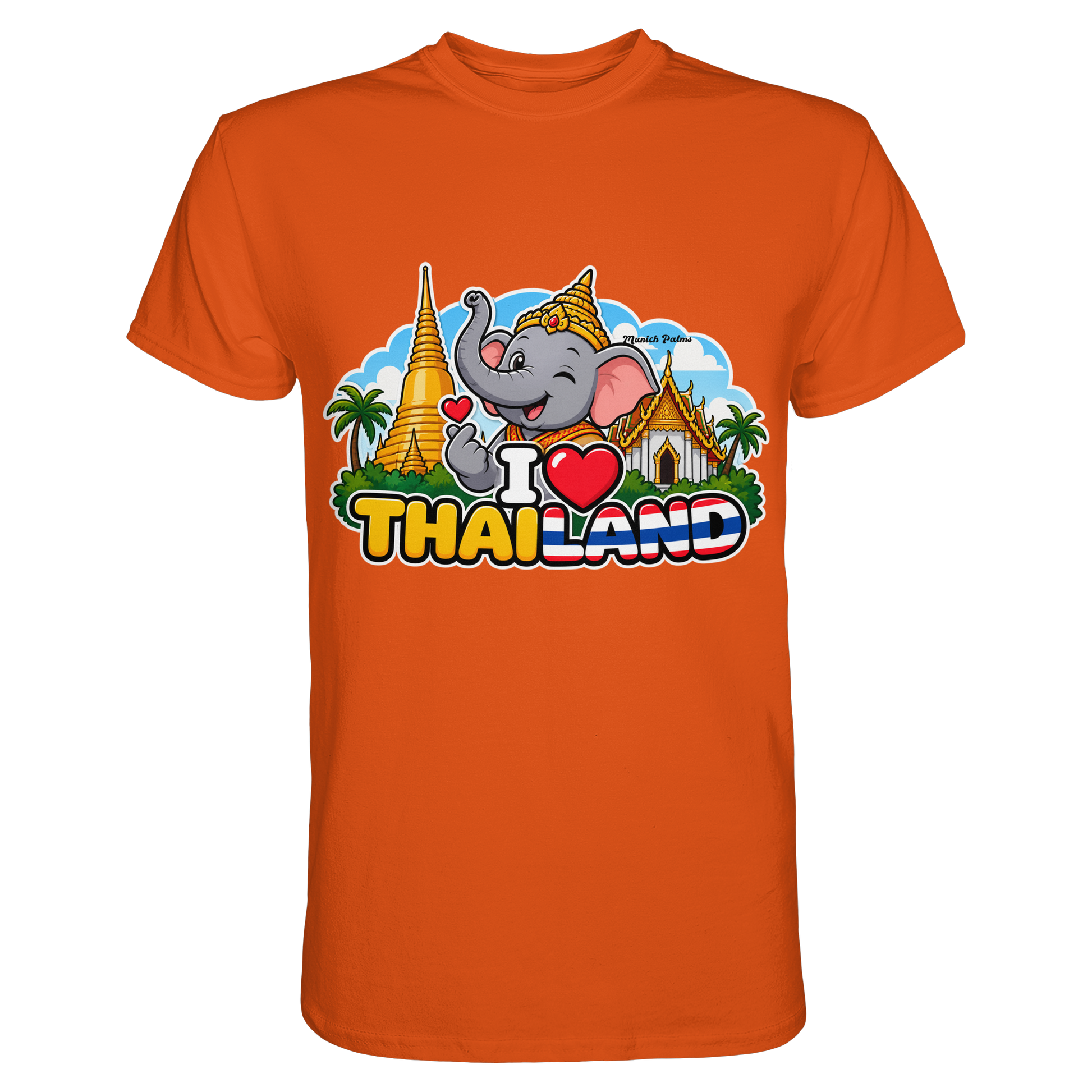 Unisex-Shirt „I Love Thailand“ mit lachendem Elefanten im Munich Palms Design, orangefarbenes Premium-Shirt, Frontansicht
