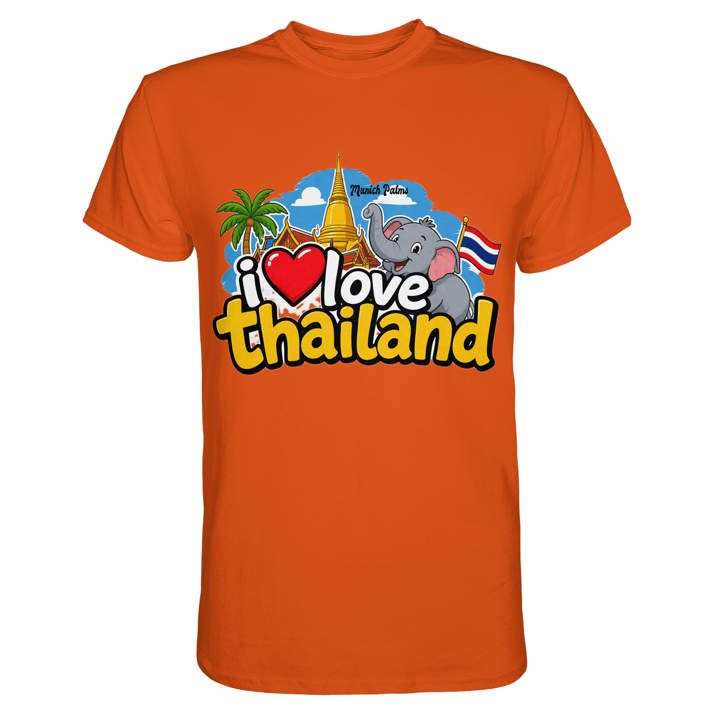 Unisex-Poloshirt in Orange mit "I love Thailand" Aufdruck, hochwertiges Premium-Shirt, Frontansicht, Online Kaufhaus München
