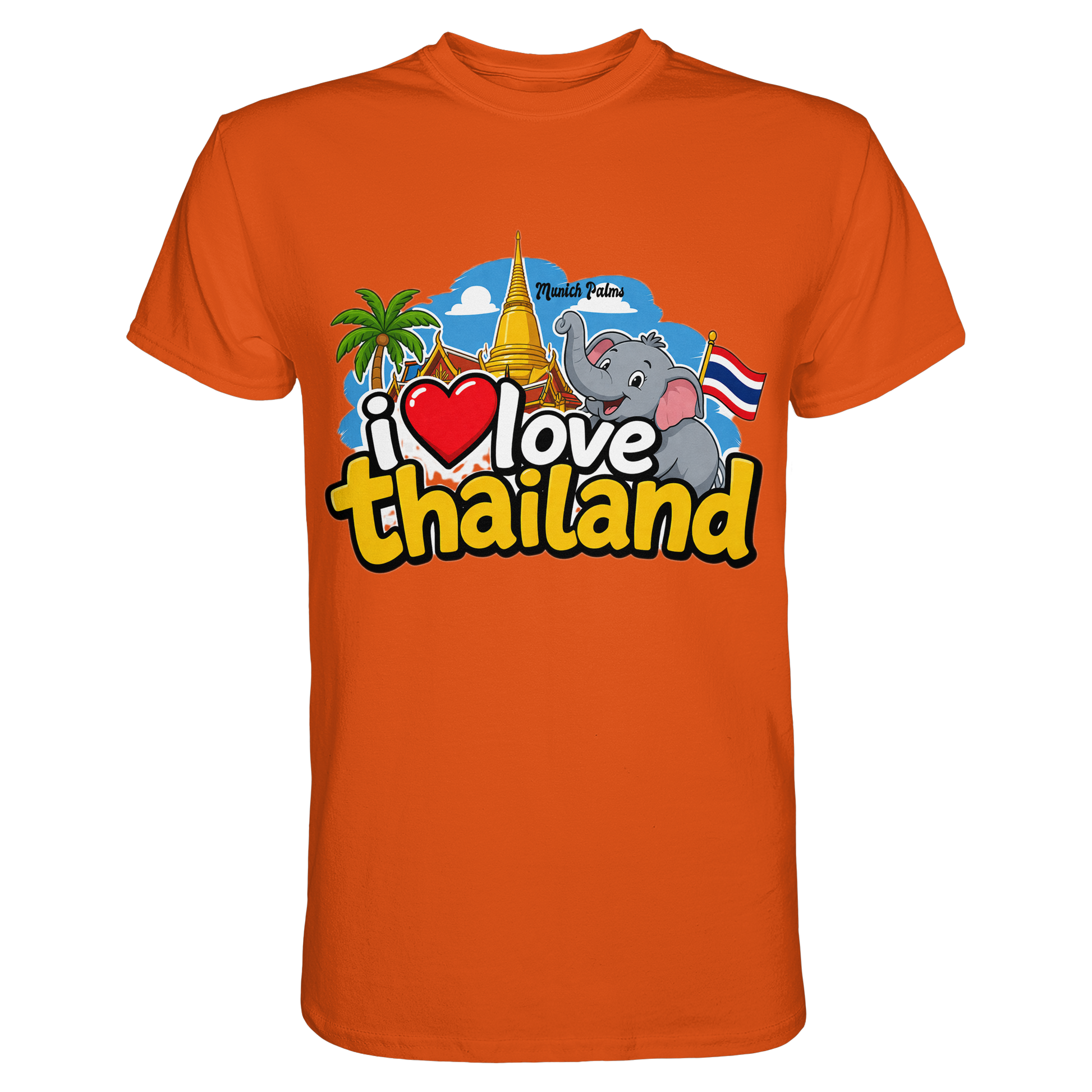 Unisex-Poloshirt in Orange mit "I love Thailand" Aufdruck, hochwertiges Premium-Shirt, Frontansicht, Online Kaufhaus München