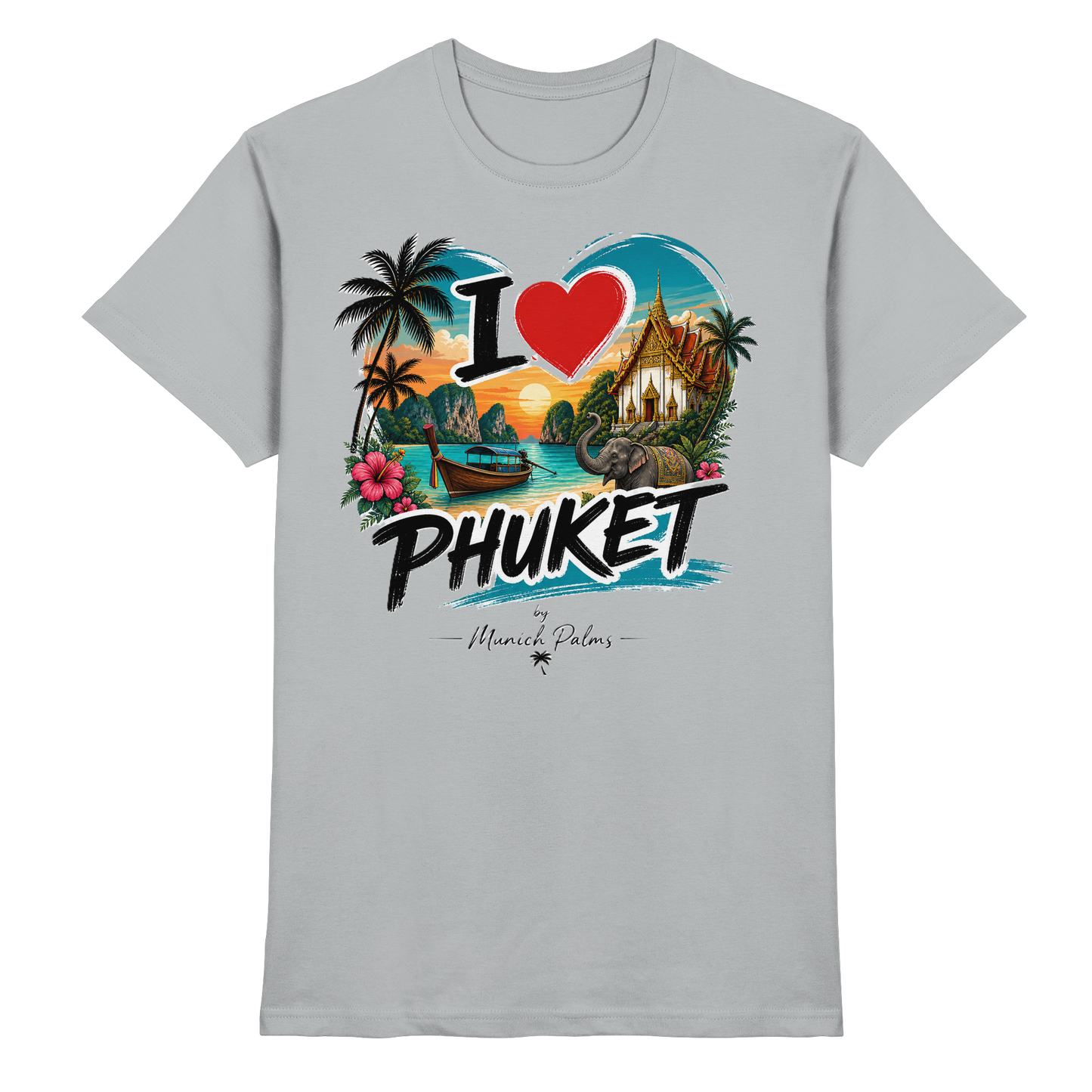 Unisex Premium-Shirt „I love Phuket“ in Grau, Vorderansicht, bequemes T-Shirt mit stilvollem Druck, von Online Kaufhaus München