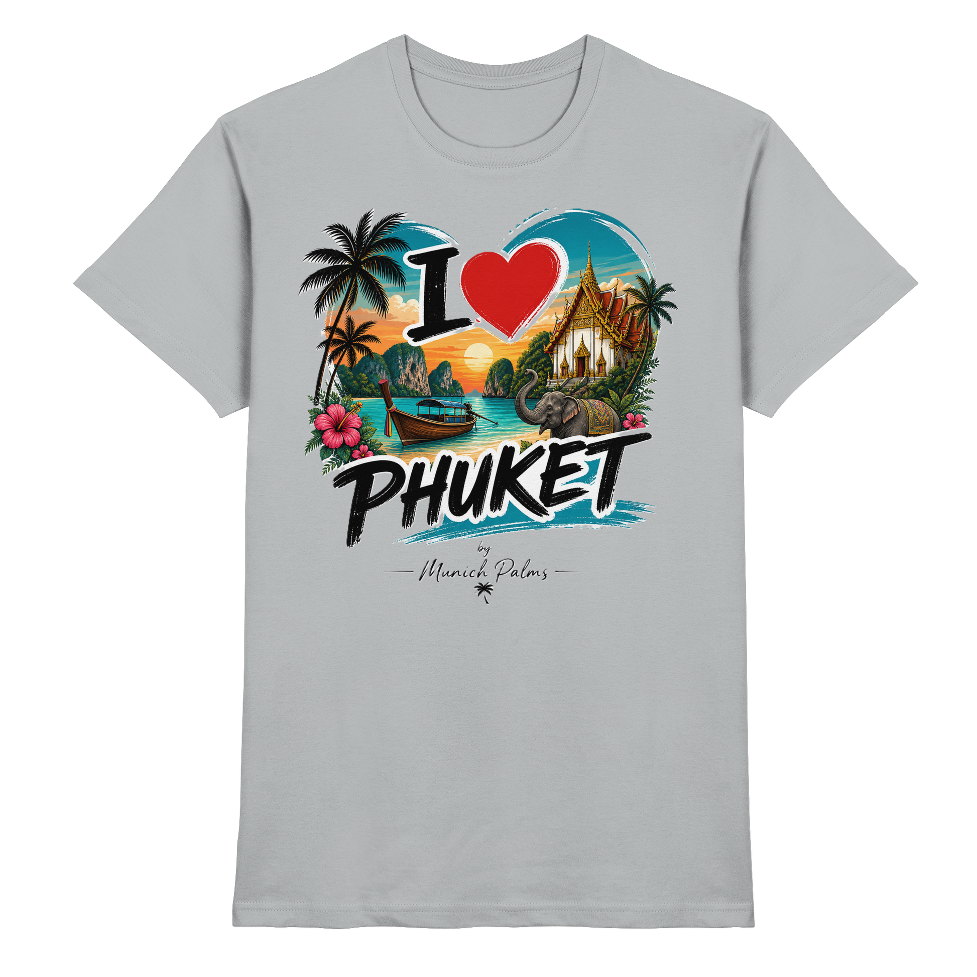 Unisex Premium-Shirt „I love Phuket“ in Grau, Vorderansicht, bequemes T-Shirt mit stilvollem Druck, von Online Kaufhaus München