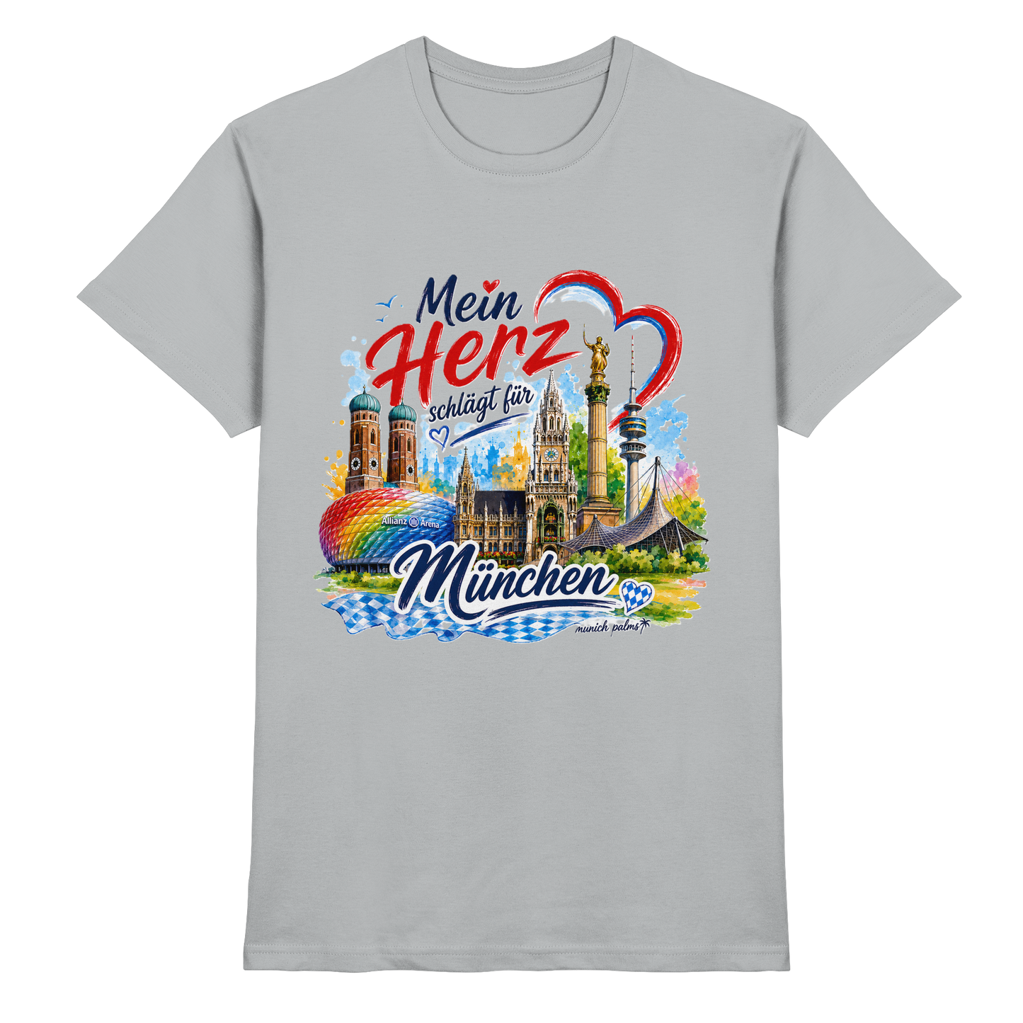 Unisex-Shirt mit buntem München-Design und Wahrzeichen, in Pacific Grey, von Munich Palms, mit Herzmotiv und Stadtmotiven.