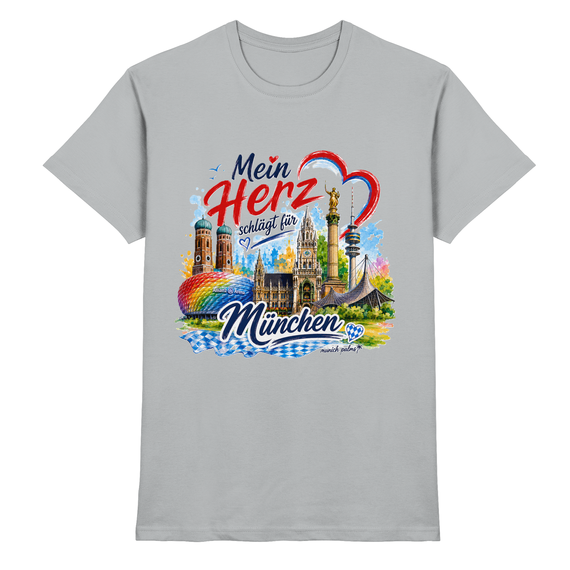 Unisex-Shirt mit buntem München-Design und Wahrzeichen, in Pacific Grey, von Munich Palms, mit Herzmotiv und Stadtmotiven.
