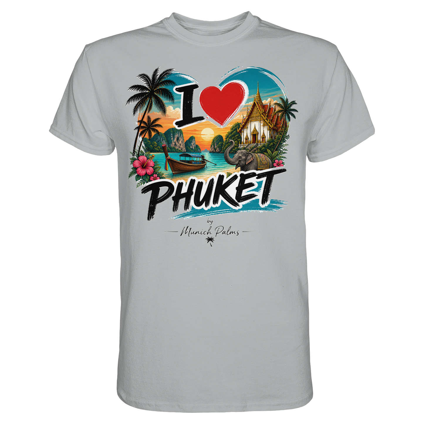 Unisex Premium-Shirt "I love Phuket" in Pacific Grey, frontansicht, bequemes T-Shirt aus weichem Material.