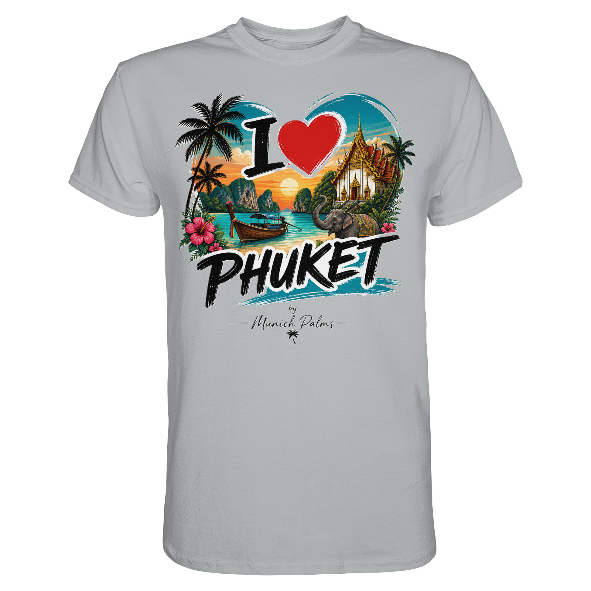 Unisex Premium-Shirt "I love Phuket" in Pacific Grey, frontansicht, bequemes T-Shirt aus weichem Material.