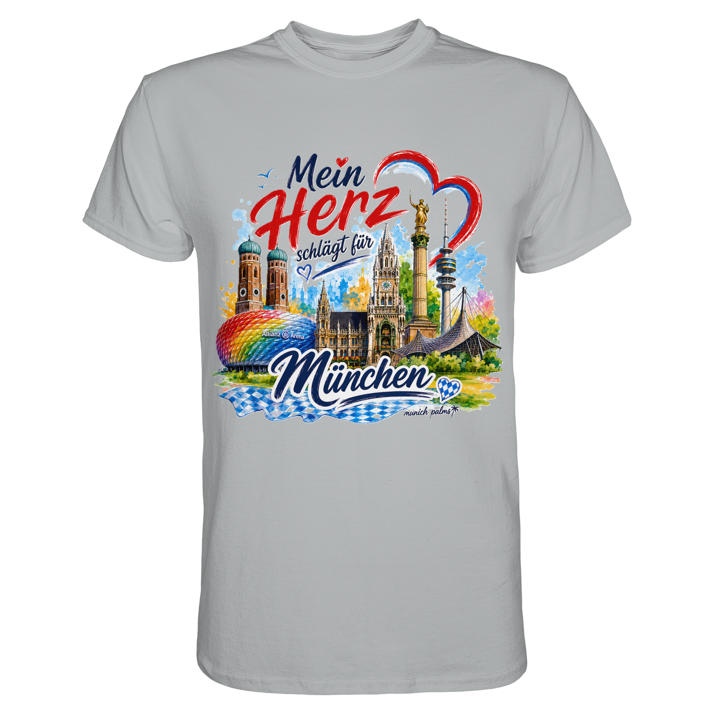 Unisex-Shirt mit buntem München-Design und Wahrzeichen, Pacific Grey, von Munich Palms, zeigt das Motiv auf der Vorderseite.