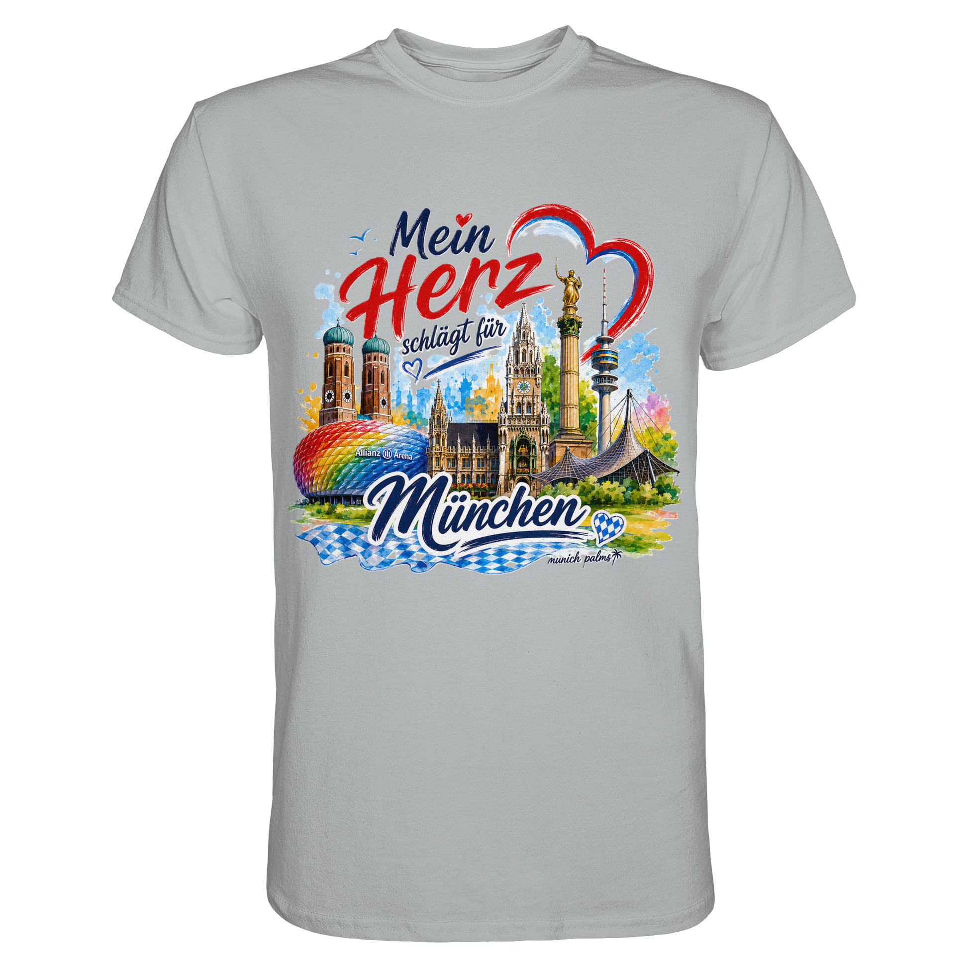 Unisex-Shirt mit buntem München-Design und Wahrzeichen, Pacific Grey, von Munich Palms, zeigt das Motiv auf der Vorderseite.