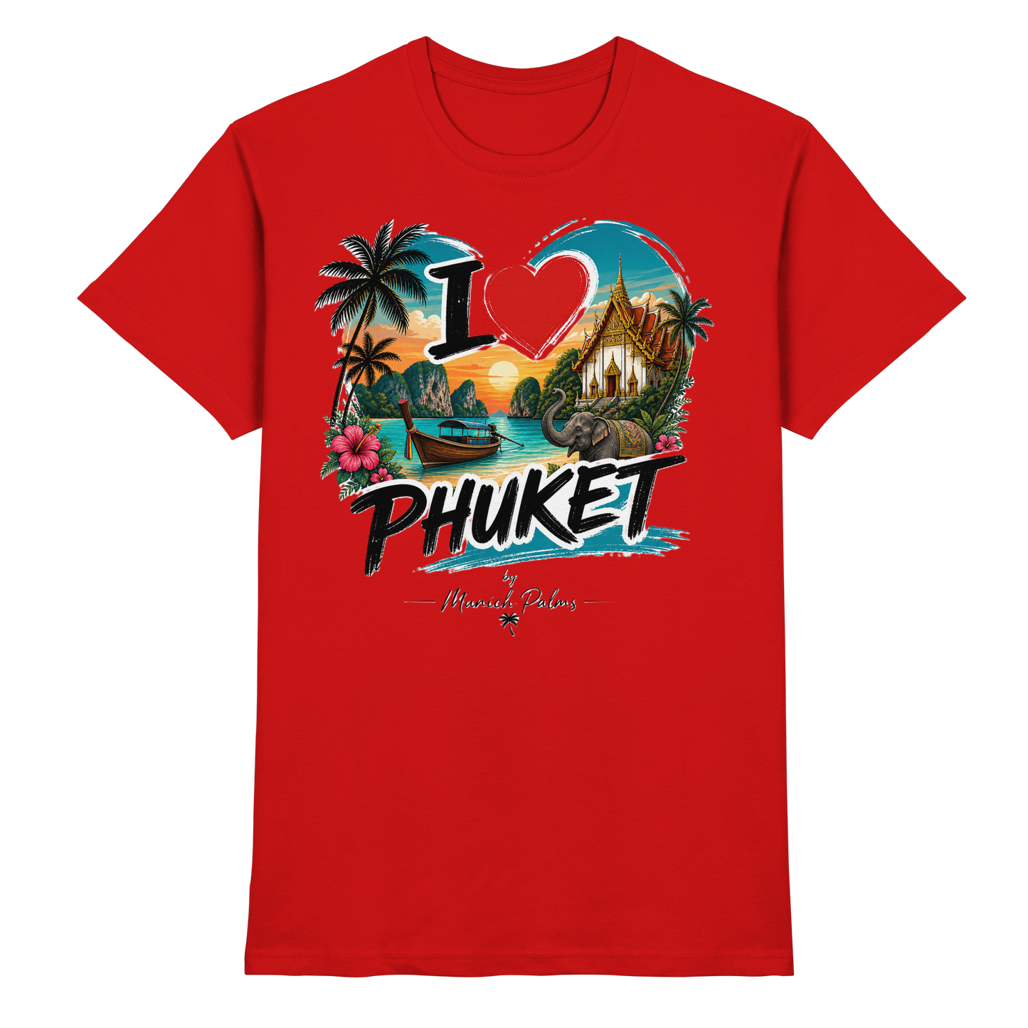 Rotes Unisex-Shirt "I love Phuket" von Online Kaufhaus München, Vorderansicht, hochwertiges Premium-Shirt, bequem und stilvoll.