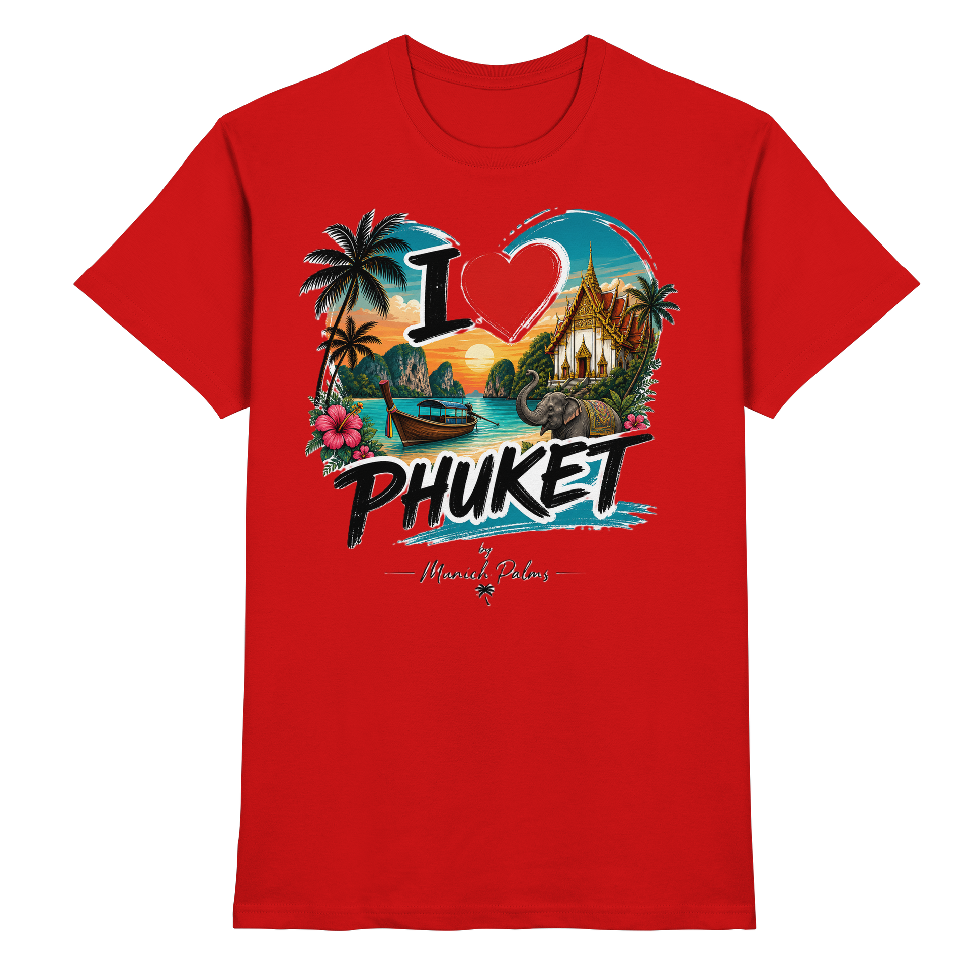 Rotes Unisex-Shirt "I love Phuket" von Online Kaufhaus München, Vorderansicht, hochwertiges Premium-Shirt, bequem und stilvoll.
