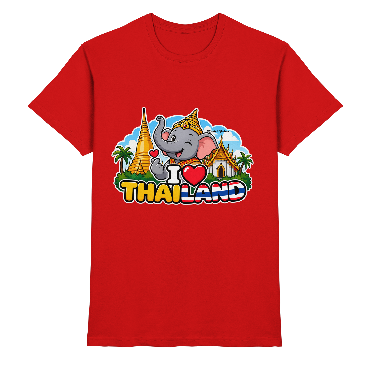 Rotes Unisex-T-Shirt mit lachendem Elefanten und Thailand-Motiv im Munich Palms Design, hochwertiges Premium-Shirt von Online Kaufhaus München