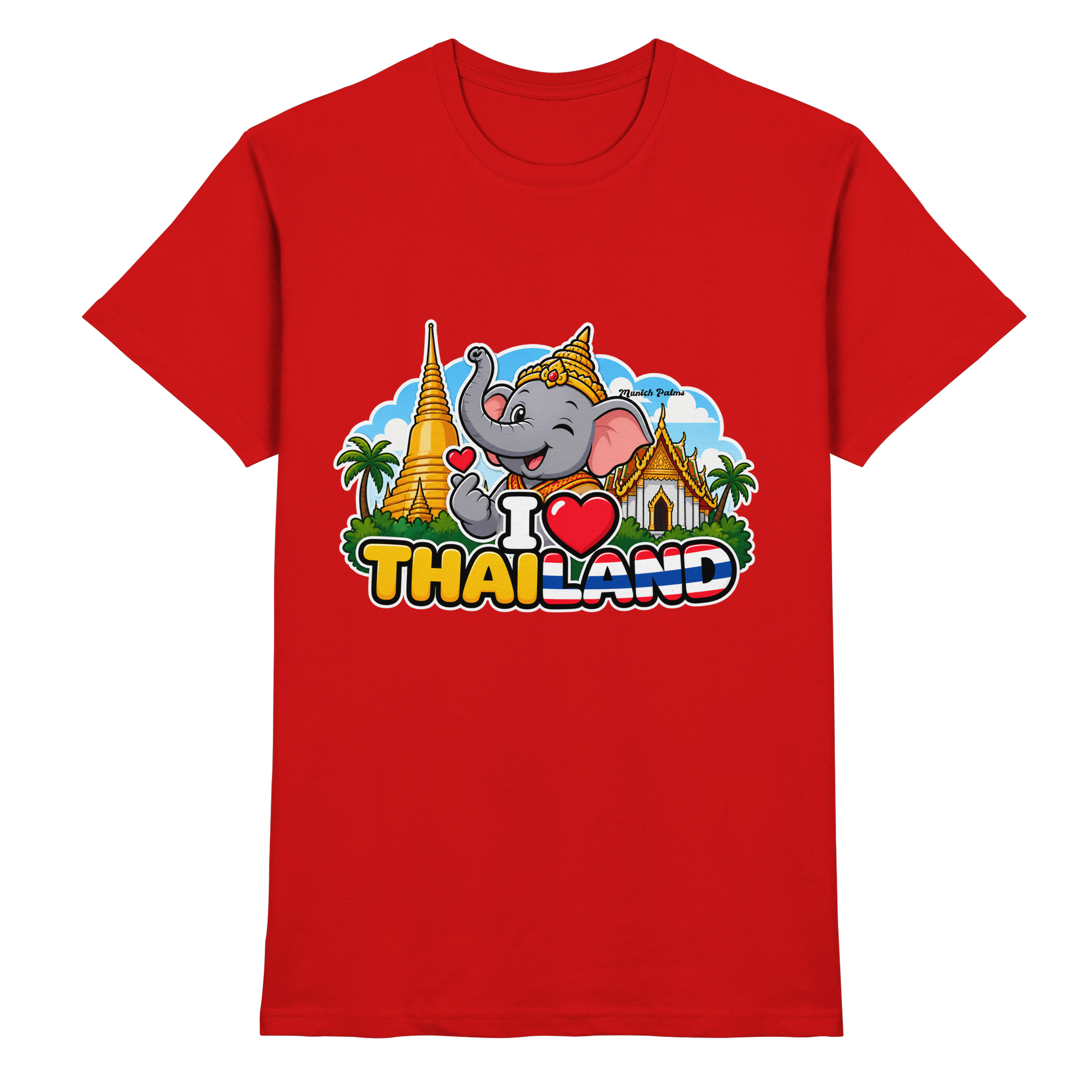 Rotes Unisex-T-Shirt mit lachendem Elefanten und Thailand-Motiv im Munich Palms Design, hochwertiges Premium-Shirt von Online Kaufhaus München