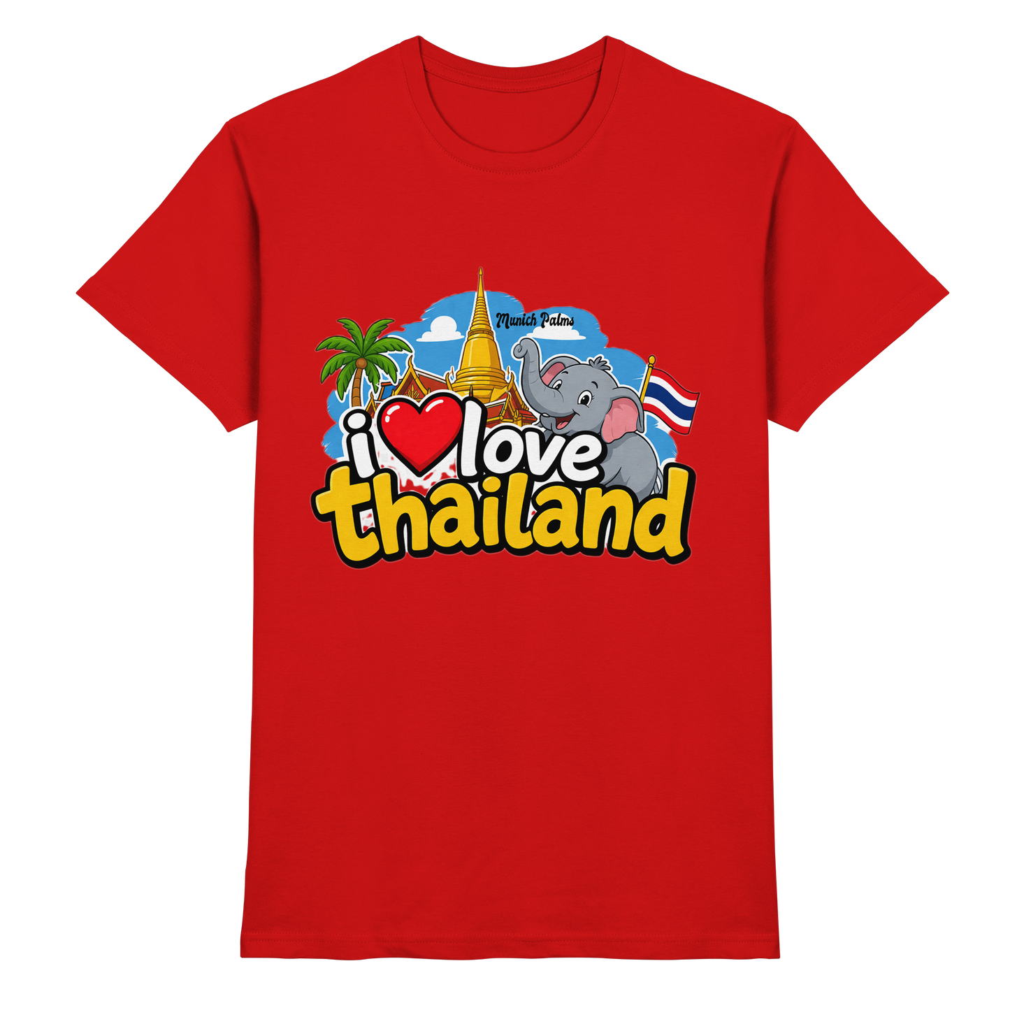 Rotes Unisex-Shirt mit dem Aufdruck "I love Thailand" von Online Kaufhaus München, vorne sichtbar, hochwertiges Design.