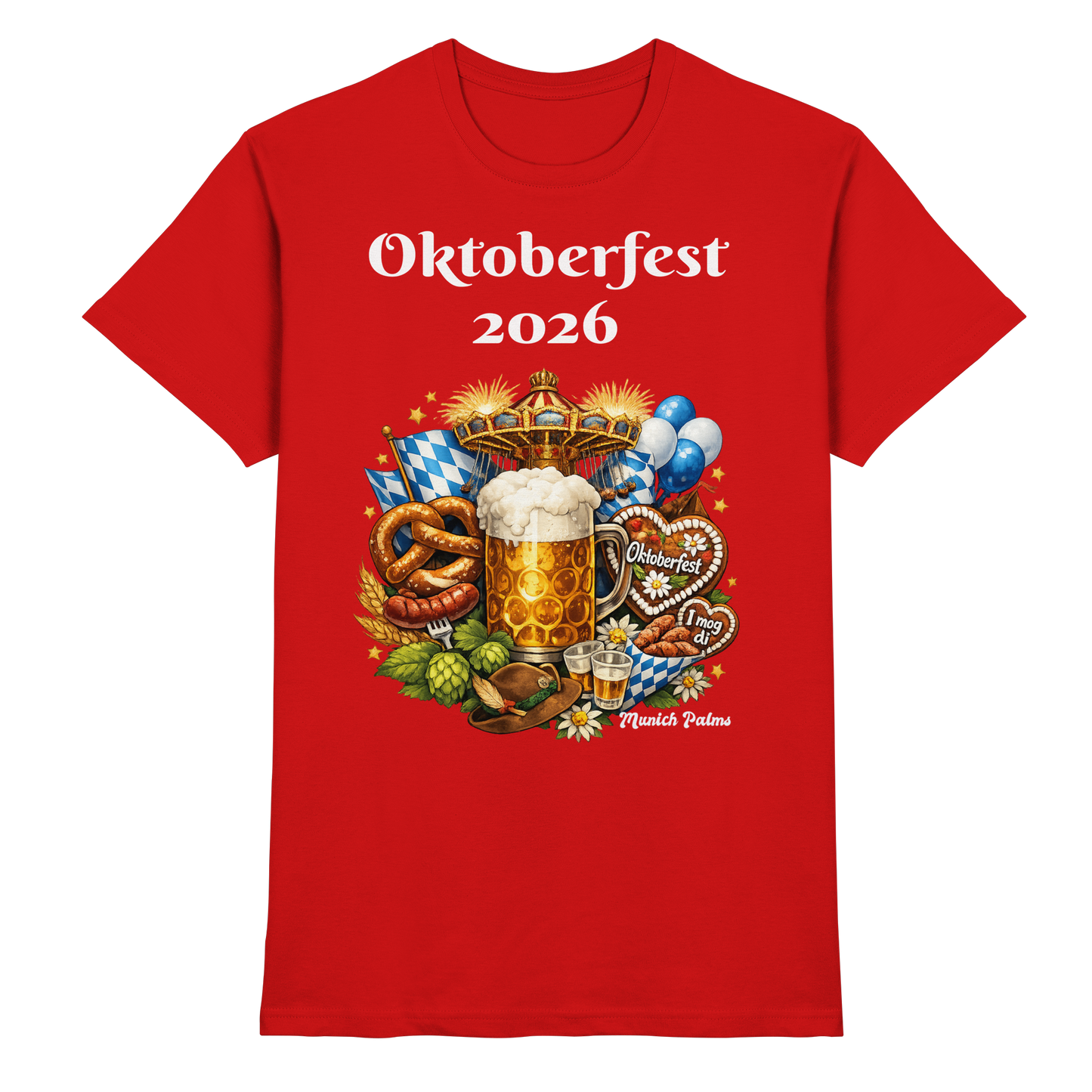 Unisex-Oktoberfest 2026 München Design Premium-Shirt in Rot, vorne sichtbar, mit traditionellem Oktoberfest-Motiv.