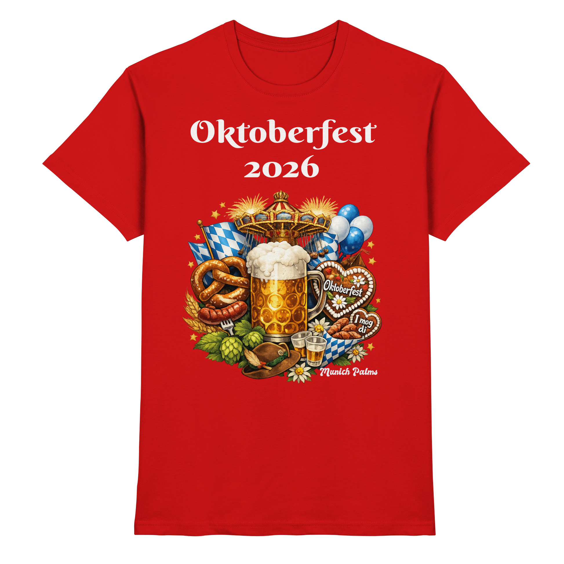 Unisex-Oktoberfest 2026 München Design Premium-Shirt in Rot, vorne sichtbar, mit traditionellem Oktoberfest-Motiv.