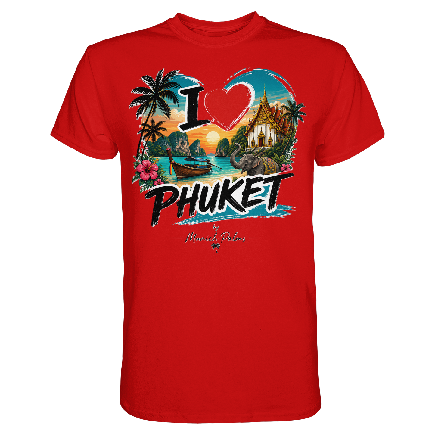 Rotes Unisex-Shirt mit „I love Phuket“-Print, hochwertiges Premium-Shirt von Online Kaufhaus München, vorneansicht