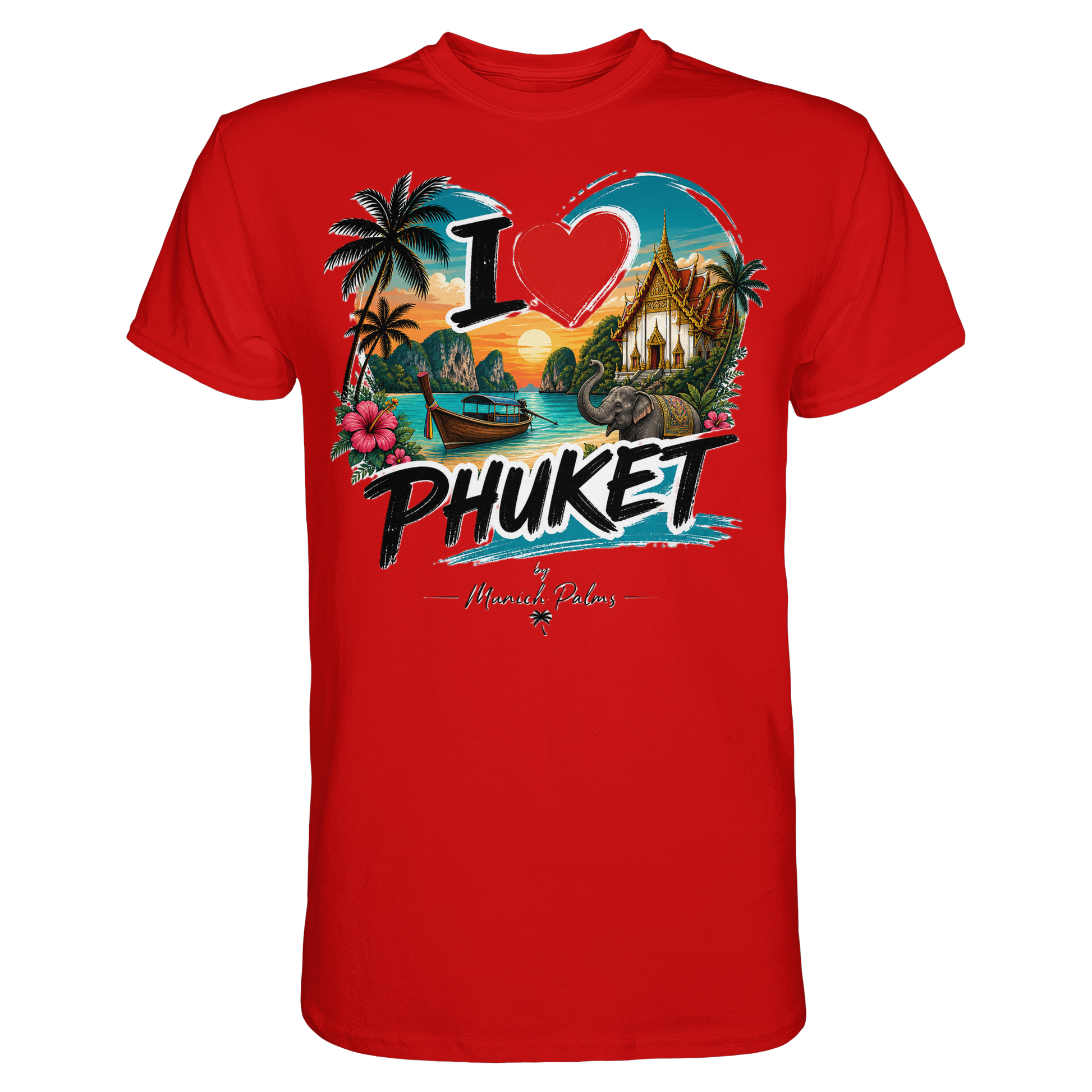 Rotes Unisex-Shirt mit „I love Phuket“-Print, hochwertiges Premium-Shirt von Online Kaufhaus München, vorneansicht