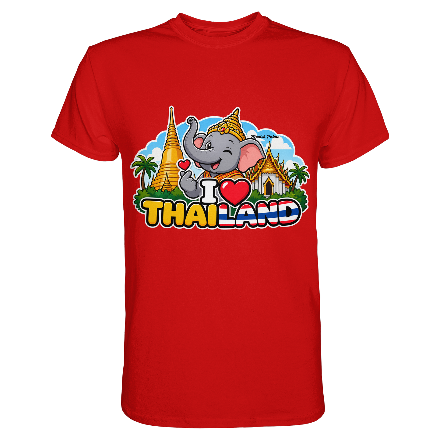 Rotes Unisex-Shirt mit lachendem Elefanten und Thailand-Motiv, exklusives Munich Palms Design, hochwertiges Premium-Shirt