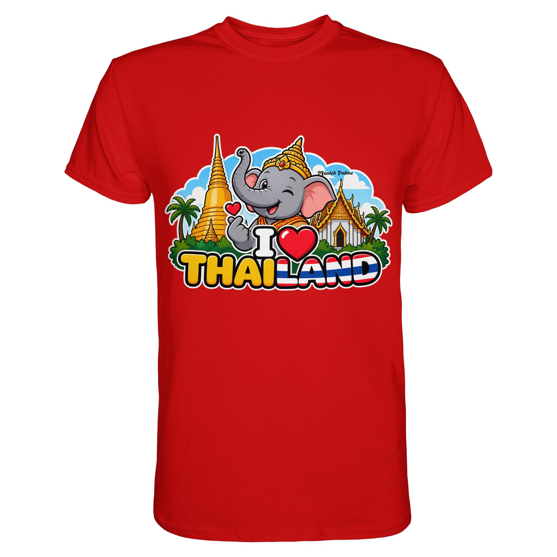 Rotes Unisex-Shirt mit lachendem Elefanten und Thailand-Motiv, exklusives Munich Palms Design, hochwertiges Premium-Shirt