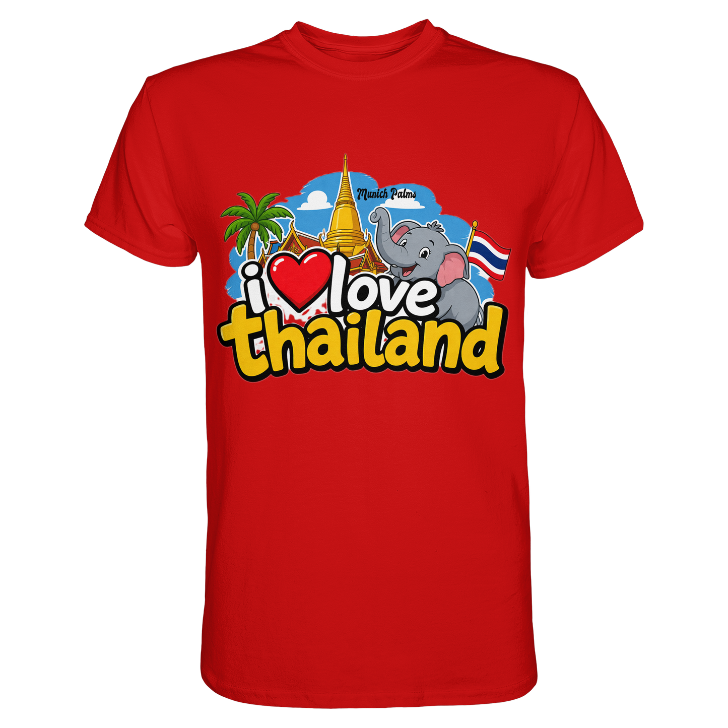 Rotes Unisex-Shirt mit "I love Thailand" Design, Premium Qualität, frontansicht, von Online Kaufhaus München.
