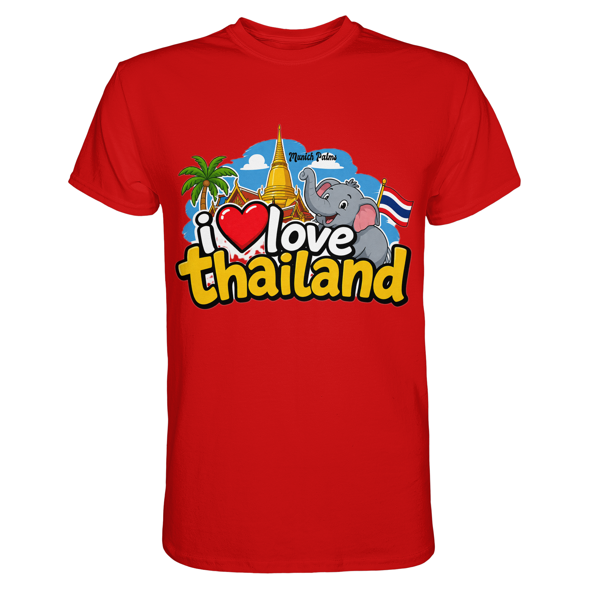 Rotes Unisex-Shirt mit "I love Thailand" Design, Premium Qualität, frontansicht, von Online Kaufhaus München.