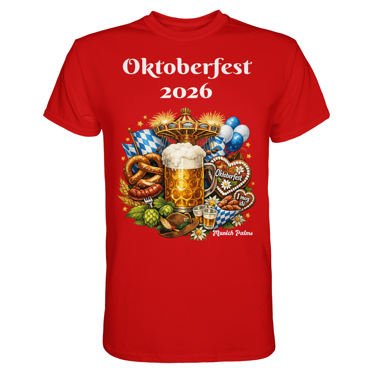 Rotes Unisex-Shirt "Oktoberfest 2026 Munich Design" von Online Kaufhaus München, frontale Ansicht, hochwertiges Premium-Shirt
