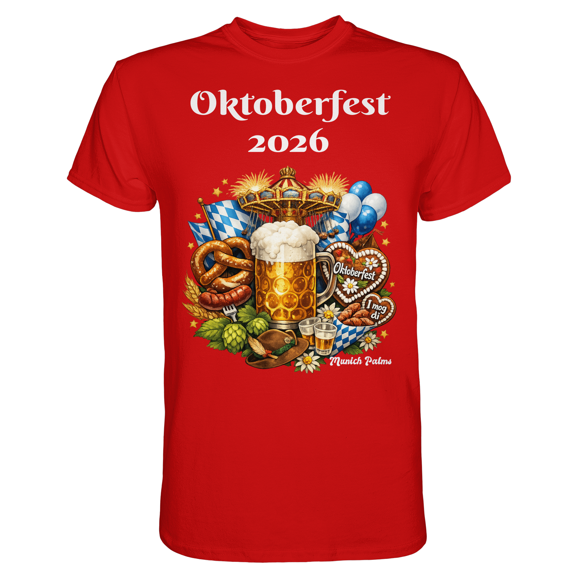 Rotes Unisex-Shirt "Oktoberfest 2026 Munich Design" von Online Kaufhaus München, frontale Ansicht, hochwertiges Premium-Shirt
