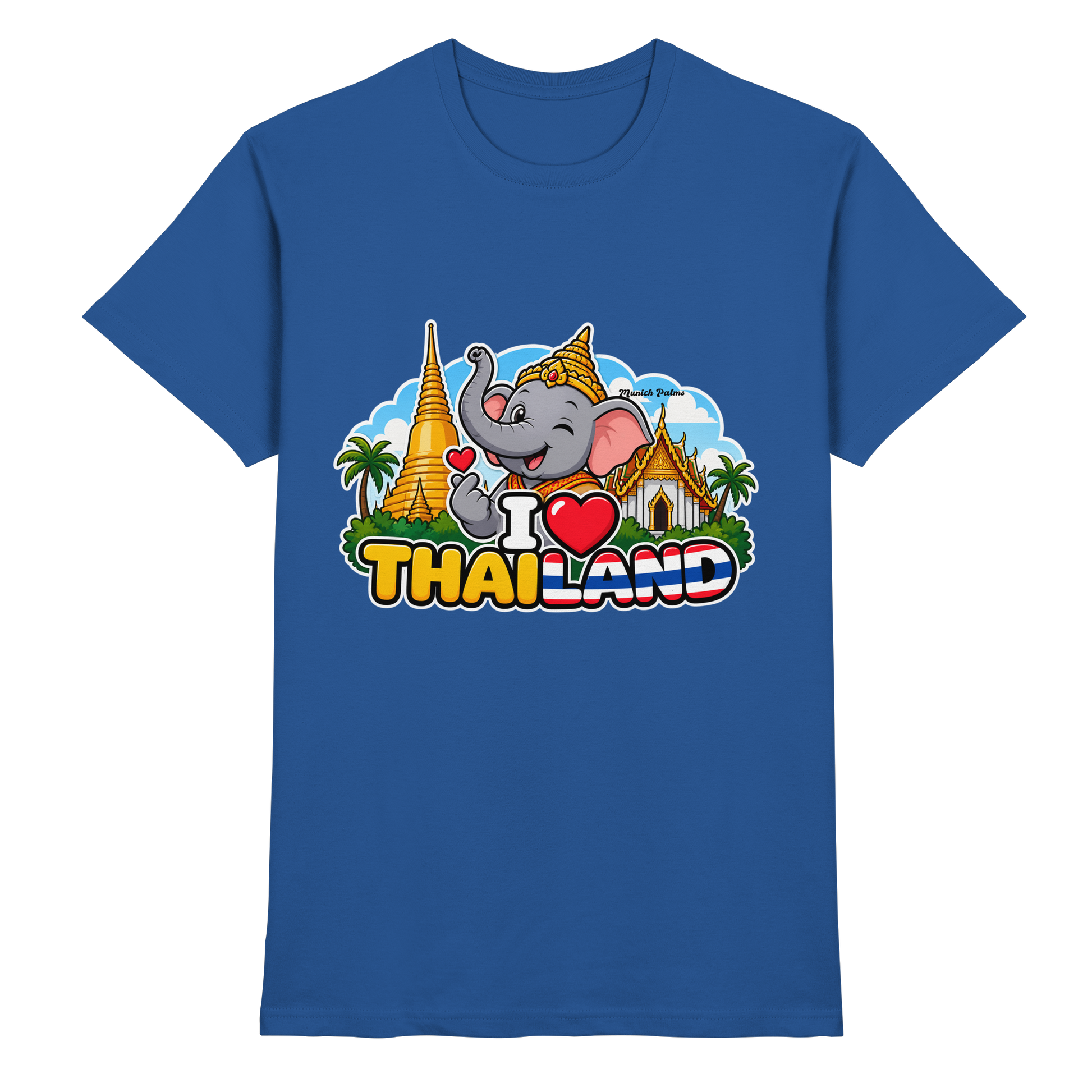 Unisex-Shirt "I Love Thailand" mit lachendem Elefanten im Munich Palms Design in Royalblau, hochwertiges Premium-Shirt.