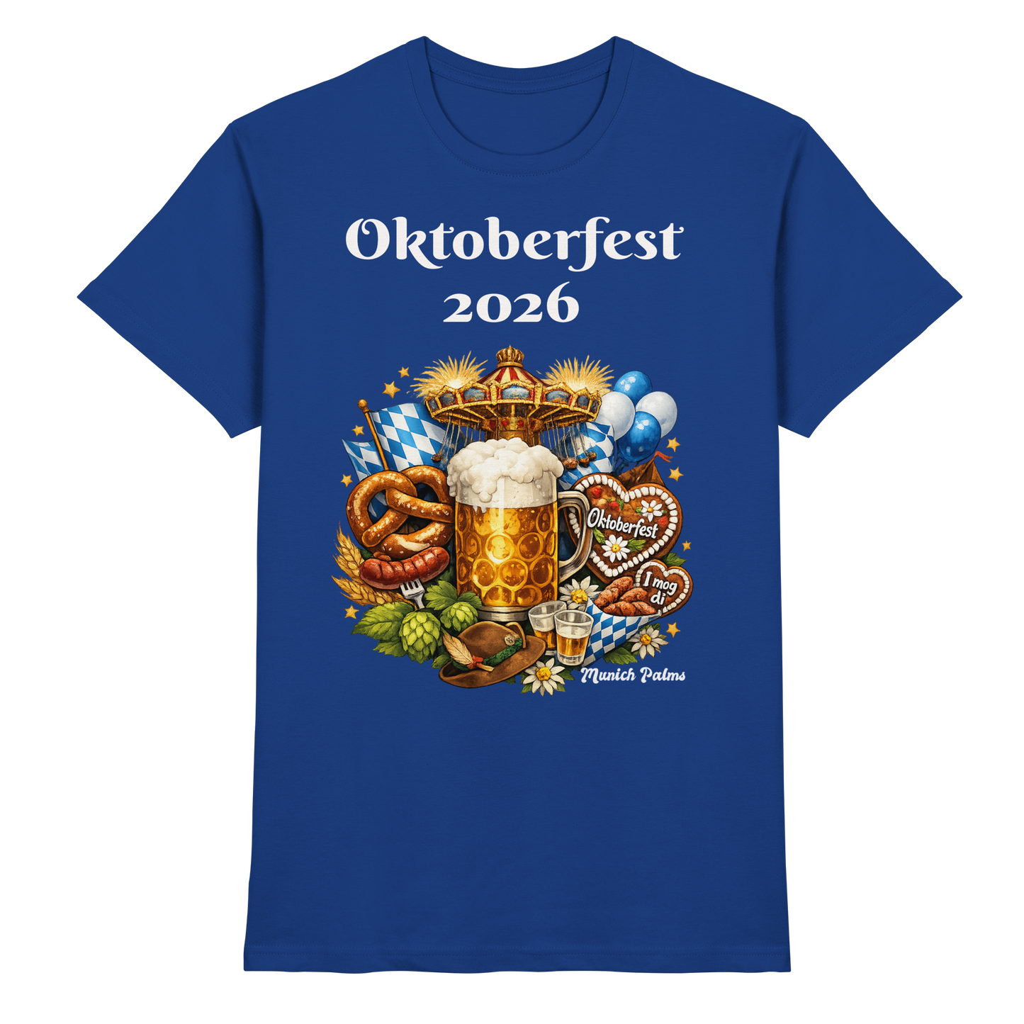 Unisex-Oktoberfest 2026 München Premium-Shirt in Royalblau, vorneansicht, bequemes Design, ideal für das Oktoberfest.