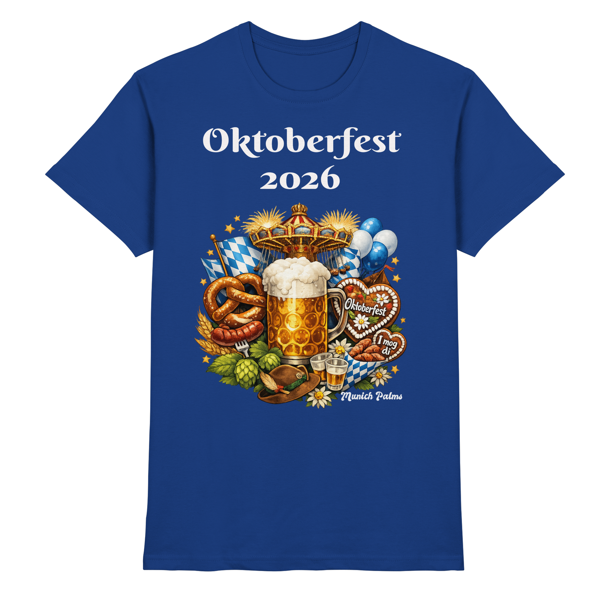 Unisex-Oktoberfest 2026 München Premium-Shirt in Royalblau, vorneansicht, bequemes Design, ideal für das Oktoberfest.