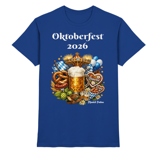 Unisex-Oktoberfest 2026 München Premium-Shirt in Royalblau, vorneansicht, bequemes Design, ideal für das Oktoberfest.