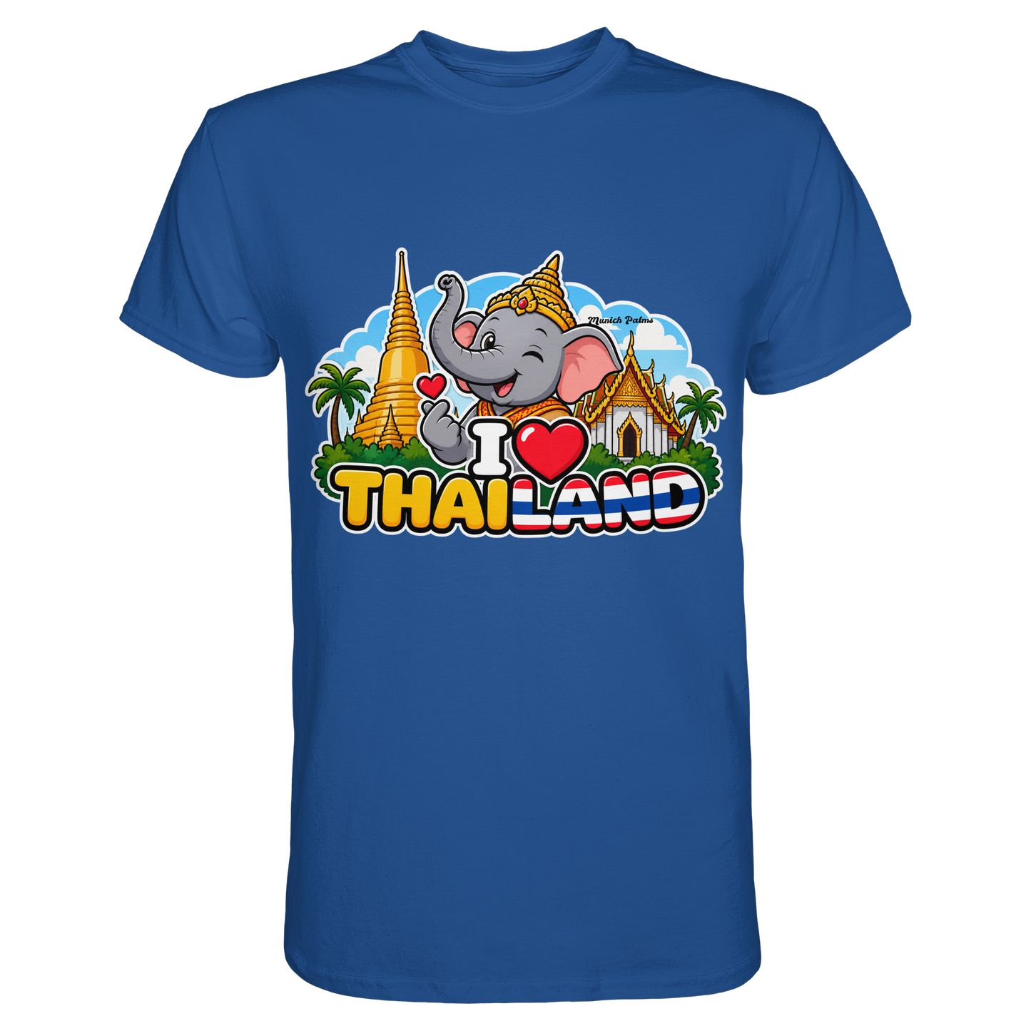 Lächelnder Elefant auf royalblauem Unisex-Shirt mit Thailand-Design, exklusiv im Munich Palms Stil, hochwertiges Premium-Shirt