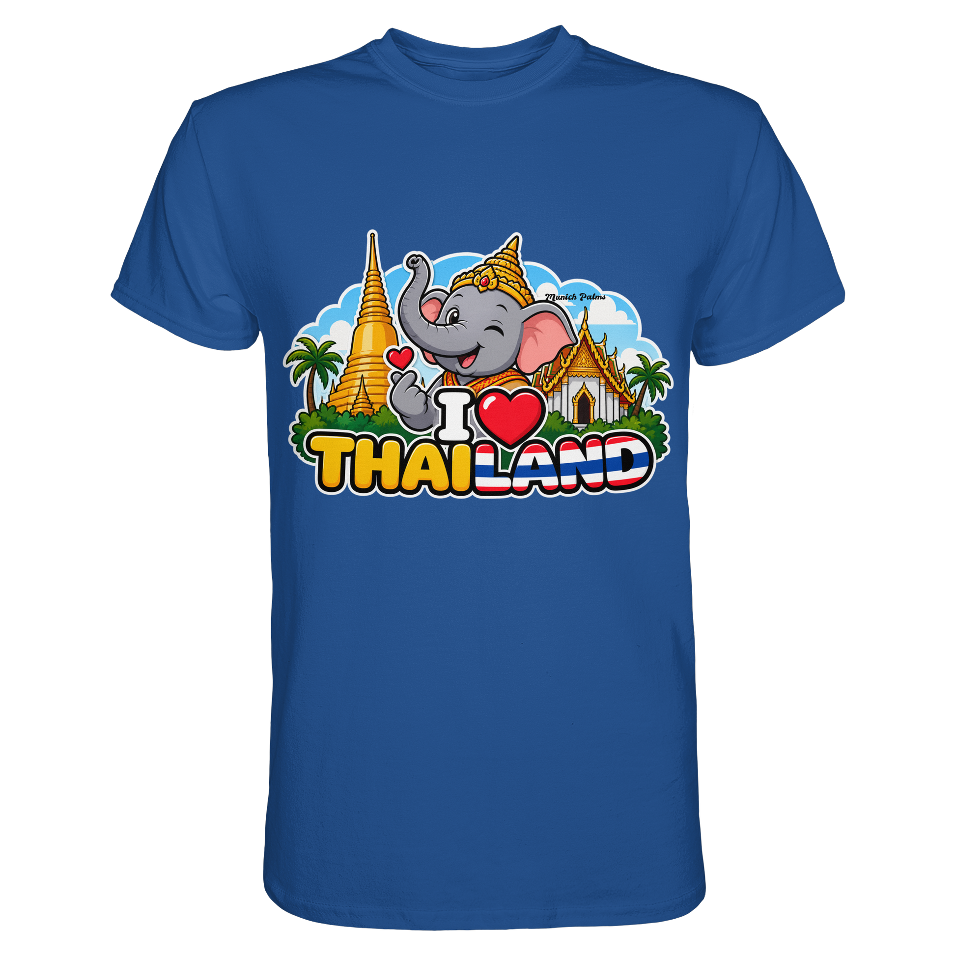 Lächelnder Elefant auf royalblauem Unisex-Shirt mit Thailand-Design, exklusiv im Munich Palms Stil, hochwertiges Premium-Shirt
