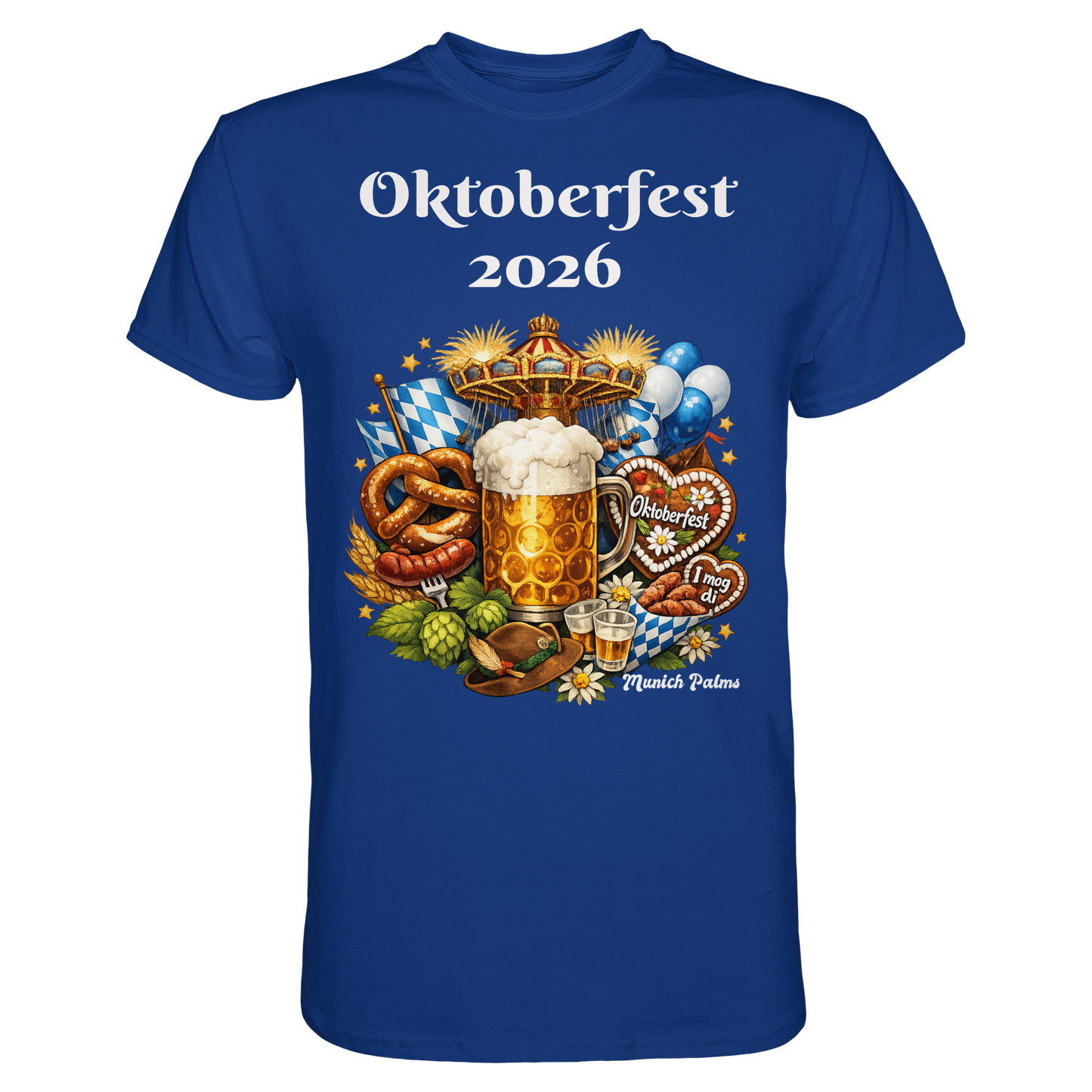 Unisex-Oktoberfest 2026 München Premium-Shirt in royal-blau, vorne sichtbar, mit Oktoberfest-Design, von Online Kaufhaus München