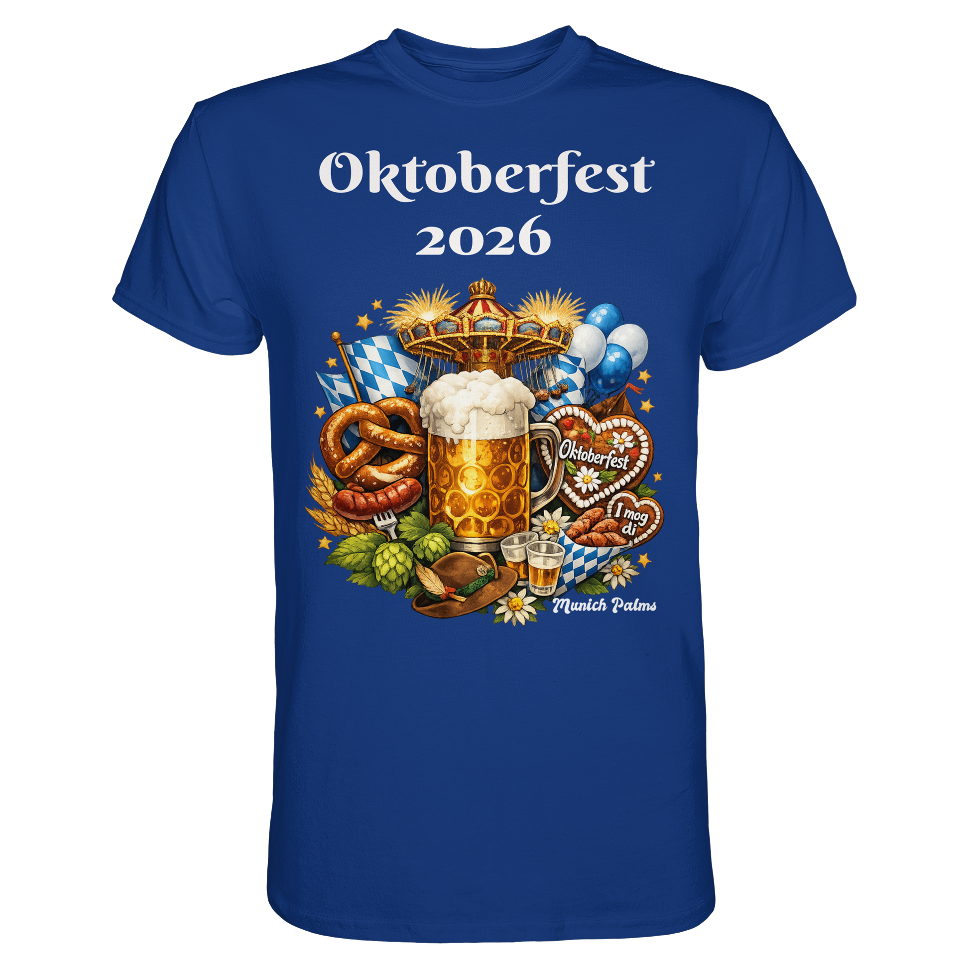 Unisex-Oktoberfest 2026 München Premium-Shirt in royal-blau, vorne sichtbar, mit Oktoberfest-Design, von Online Kaufhaus München