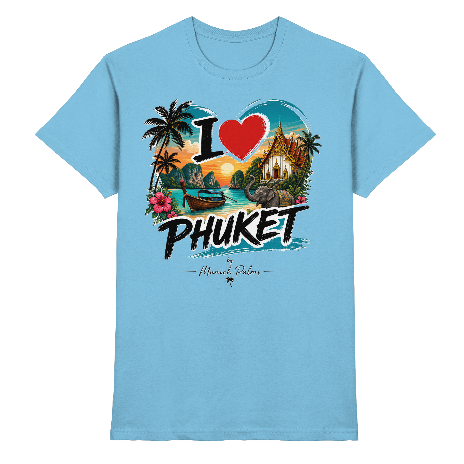 Herren- und Damen-Unisex-Shirt "I love Phuket" in Himmelblau, Premium-Qualität, Frontansicht, von Online Kaufhaus München