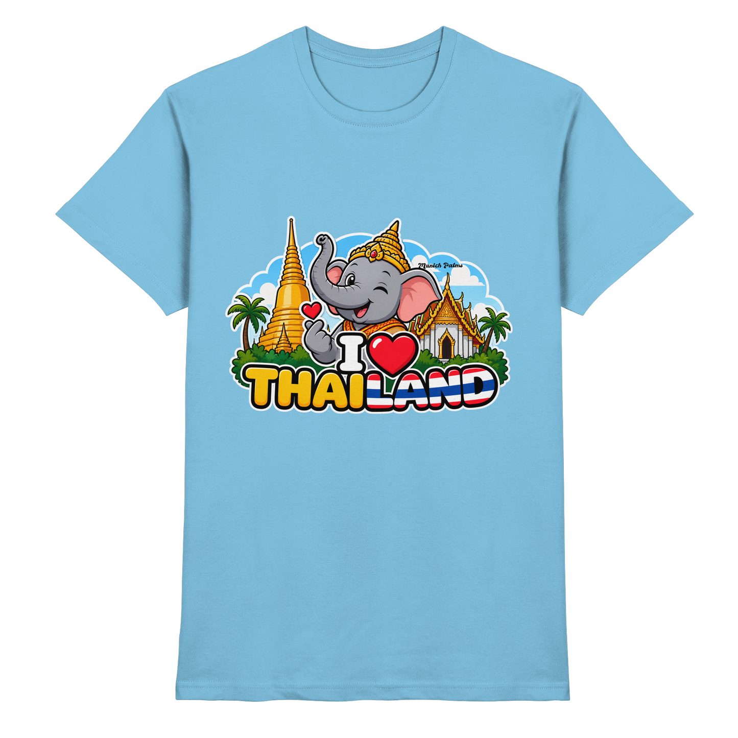Helles Himmelblaues Unisex-Shirt mit Elefanten-Design und Thailand-Motiv, München Palms exklusiv, aus hochwertigem Material