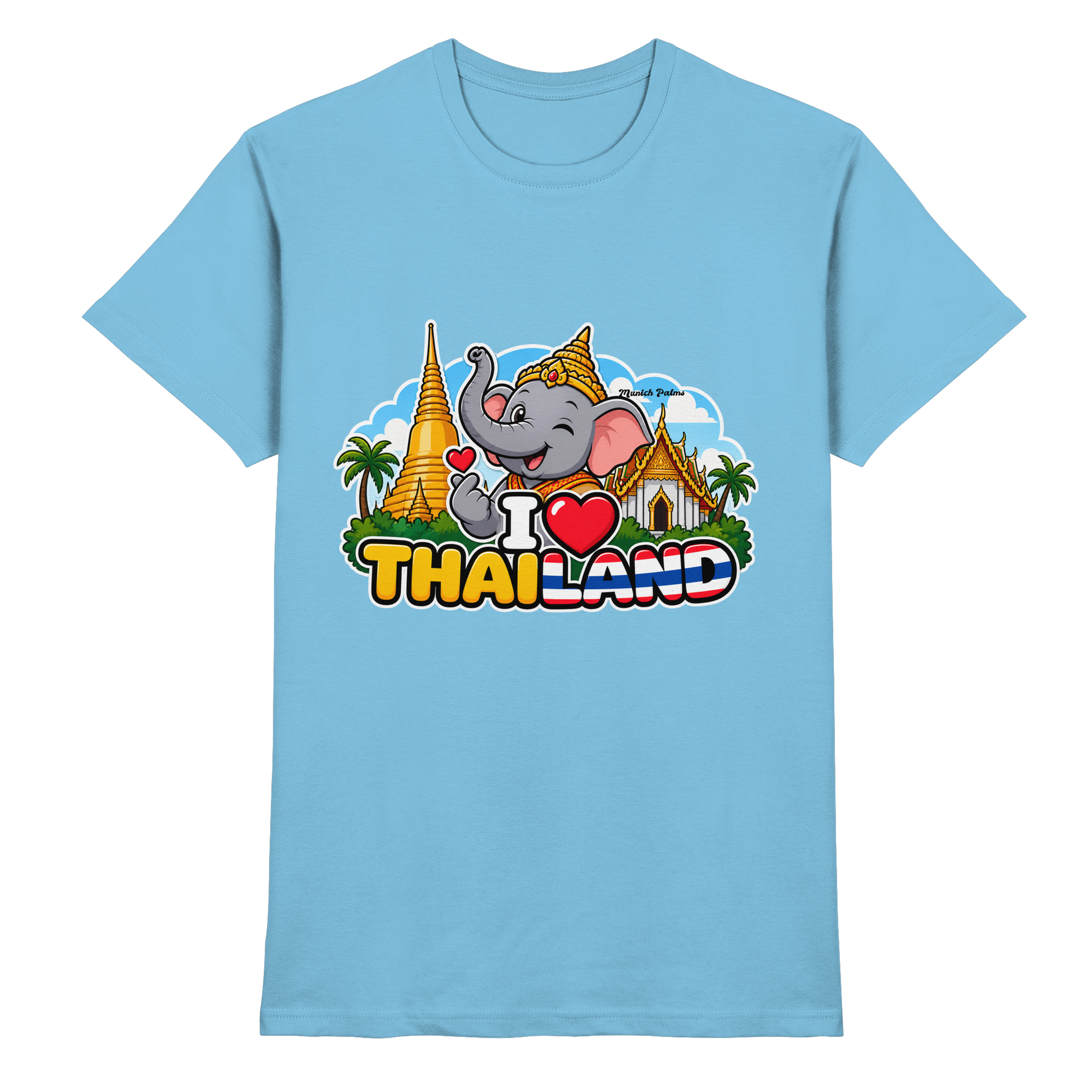 Helles Himmelblaues Unisex-Shirt mit Elefanten-Design und Thailand-Motiv, München Palms exklusiv, aus hochwertigem Material