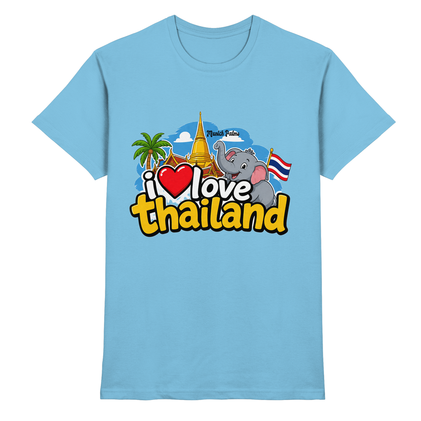Unisex Premium-Shirt „I love Thailand“ in Himmelblau, vorneansicht, weiches Material, stilvolles Design, von Online Kaufhaus München