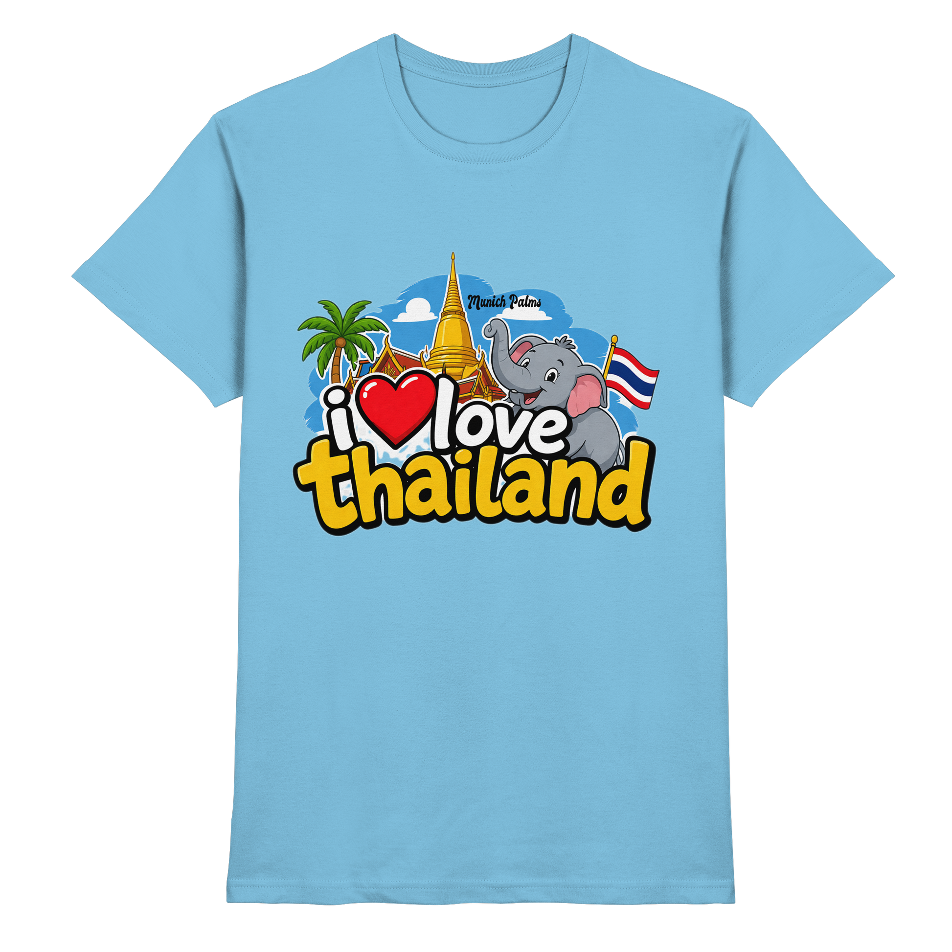 Unisex Premium-Shirt „I love Thailand“ in Himmelblau, vorneansicht, weiches Material, stilvolles Design, von Online Kaufhaus München
