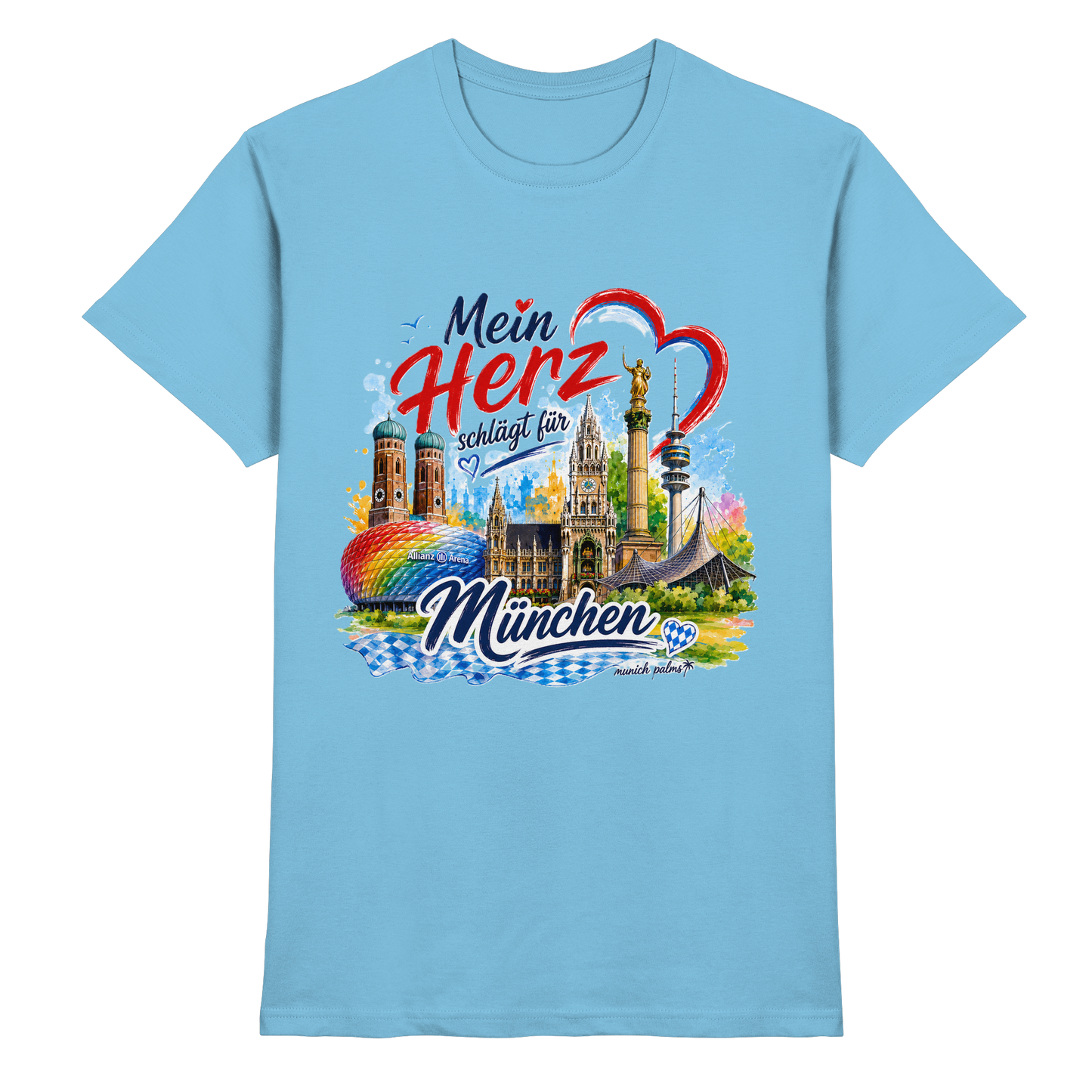 Unisex-Shirt in Himmelblau mit buntem München Design und Wahrzeichen, hochwertiges Munich Palms Premium Shirt.